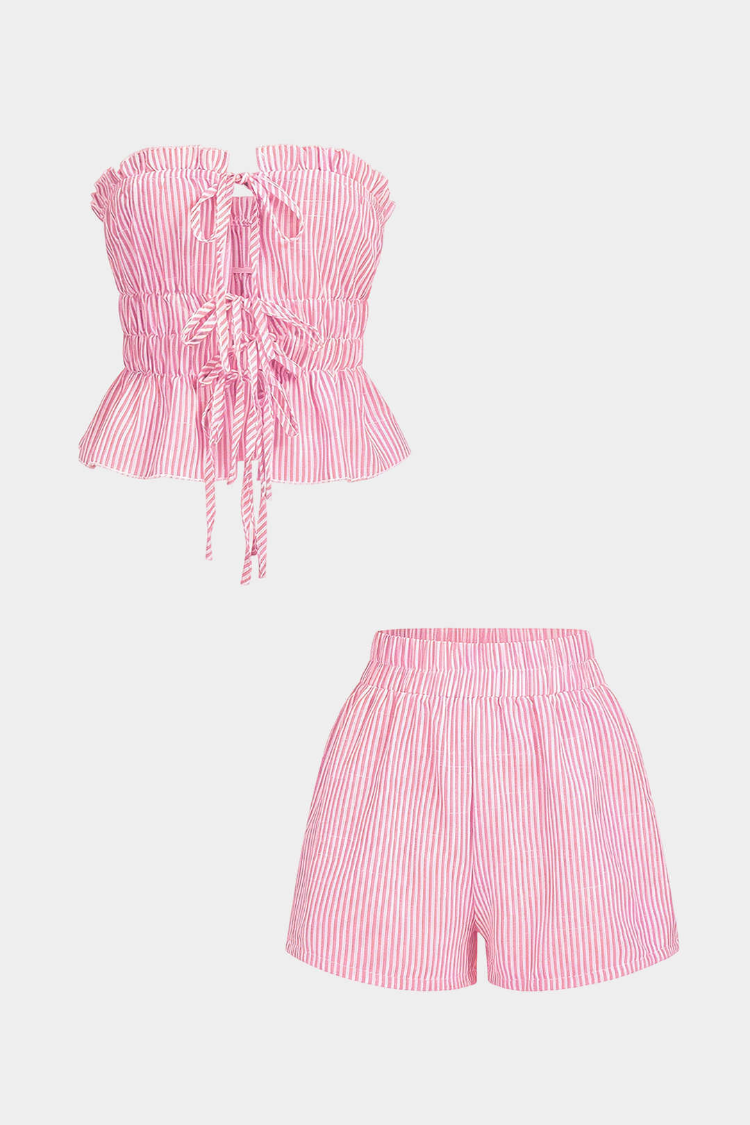Stripes Print Ruffle Tie-Up Tube Top And Shirred Waistband Shorts Set