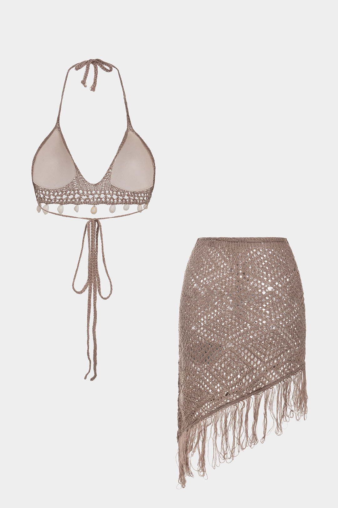 Knit Hollow Out Fringe Halter Neck Tie-Up Cami Top And Asymmetrical Skirt Set