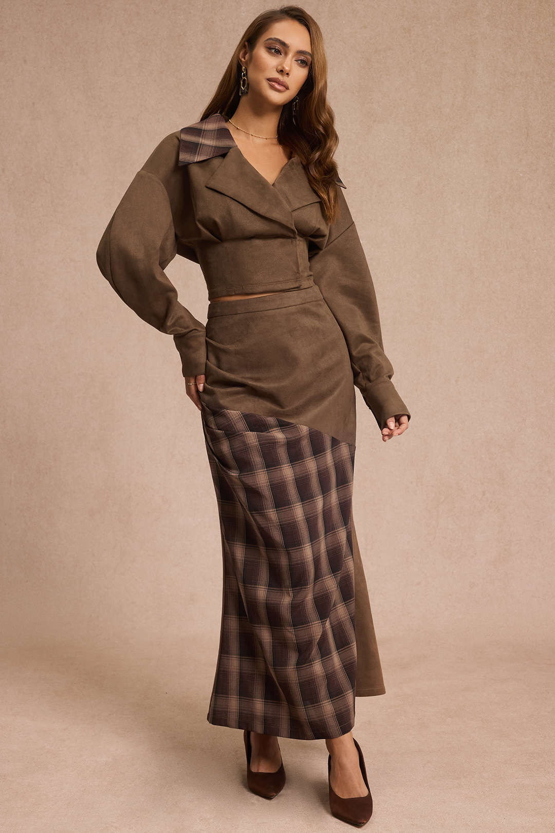 Wildleder-Patchwork-Langarmtop mit gekerbtem Revers