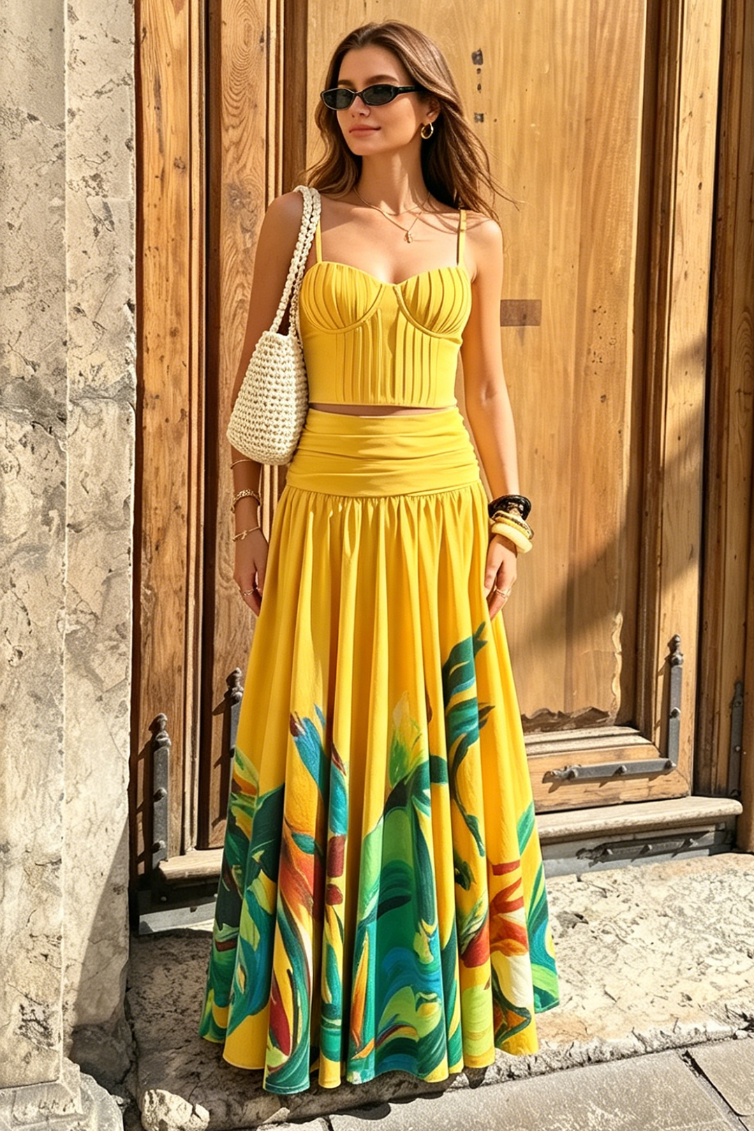 Jupe taille haute zippée en lin à imprimé abstrait