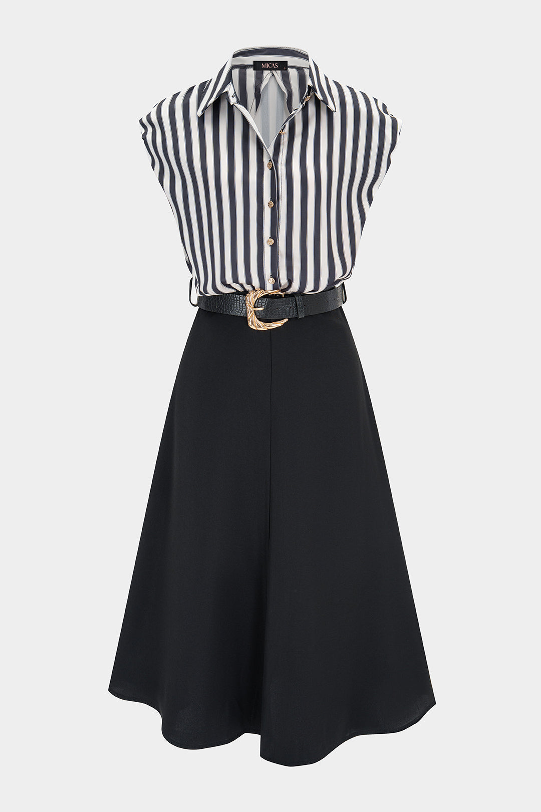 Contrast Stripes Print Belted Sleeveless Midi Dress