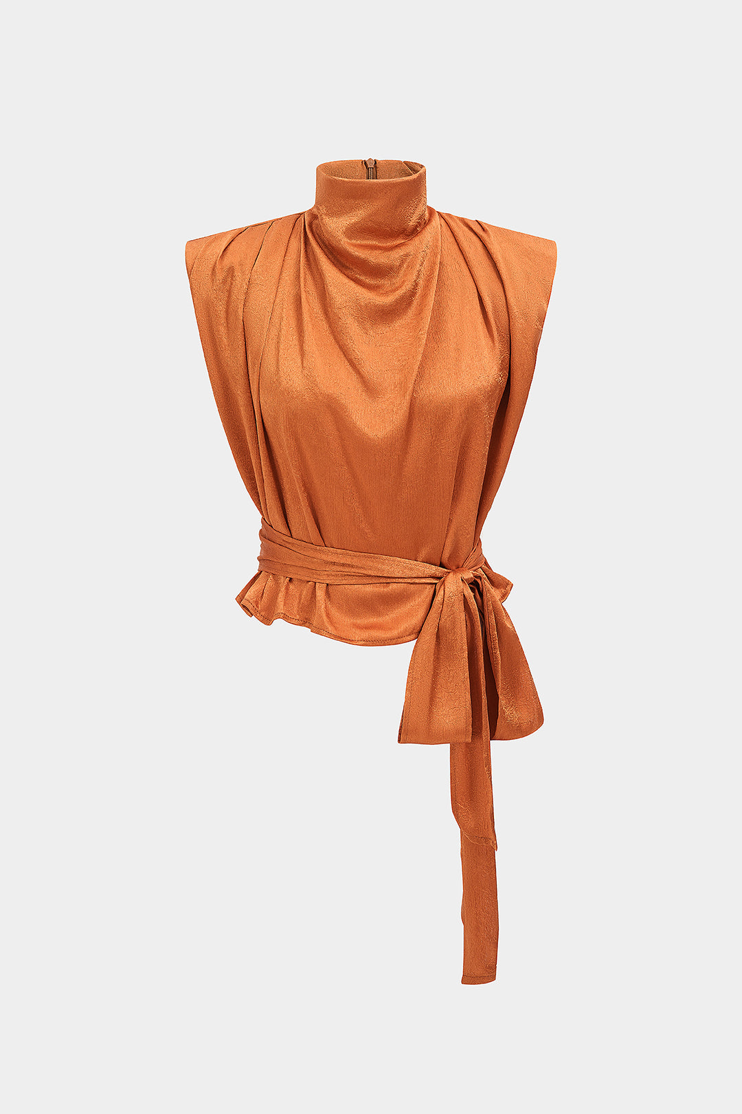 Satin Mock Neck Tie-Up Zipper Tank Top