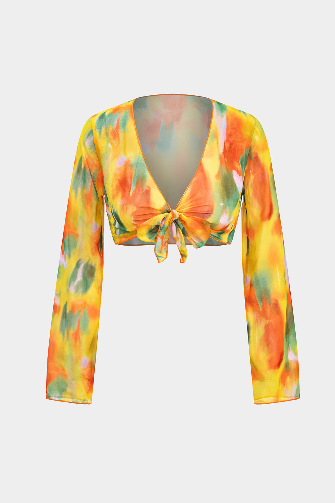 Chiffon-Set mit Aquarellprint, vorne gebundenem Langarmtop und weiter Hose