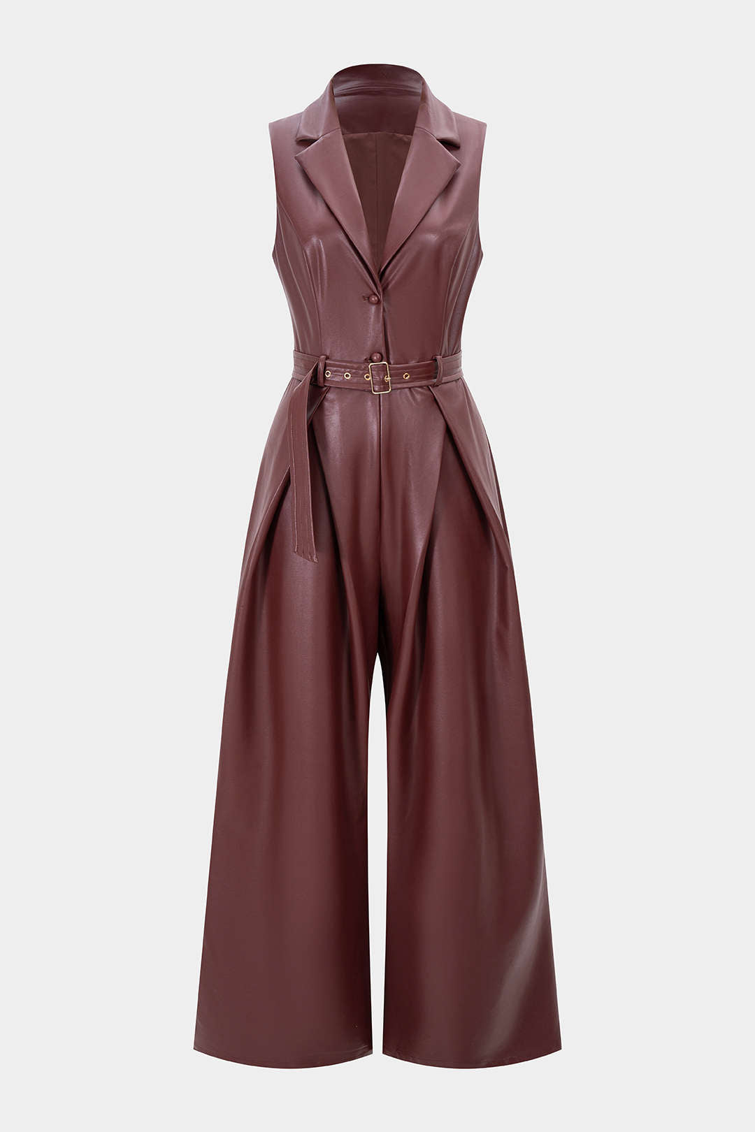 Ärmelloser Jumpsuit aus Kunstleder mit Bindegürtel