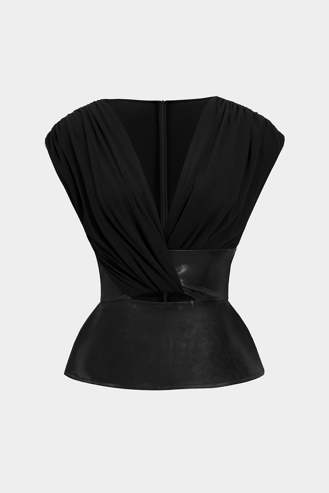 Faux Leather Patchwork Ruched Zipper Short-Sleeve Top