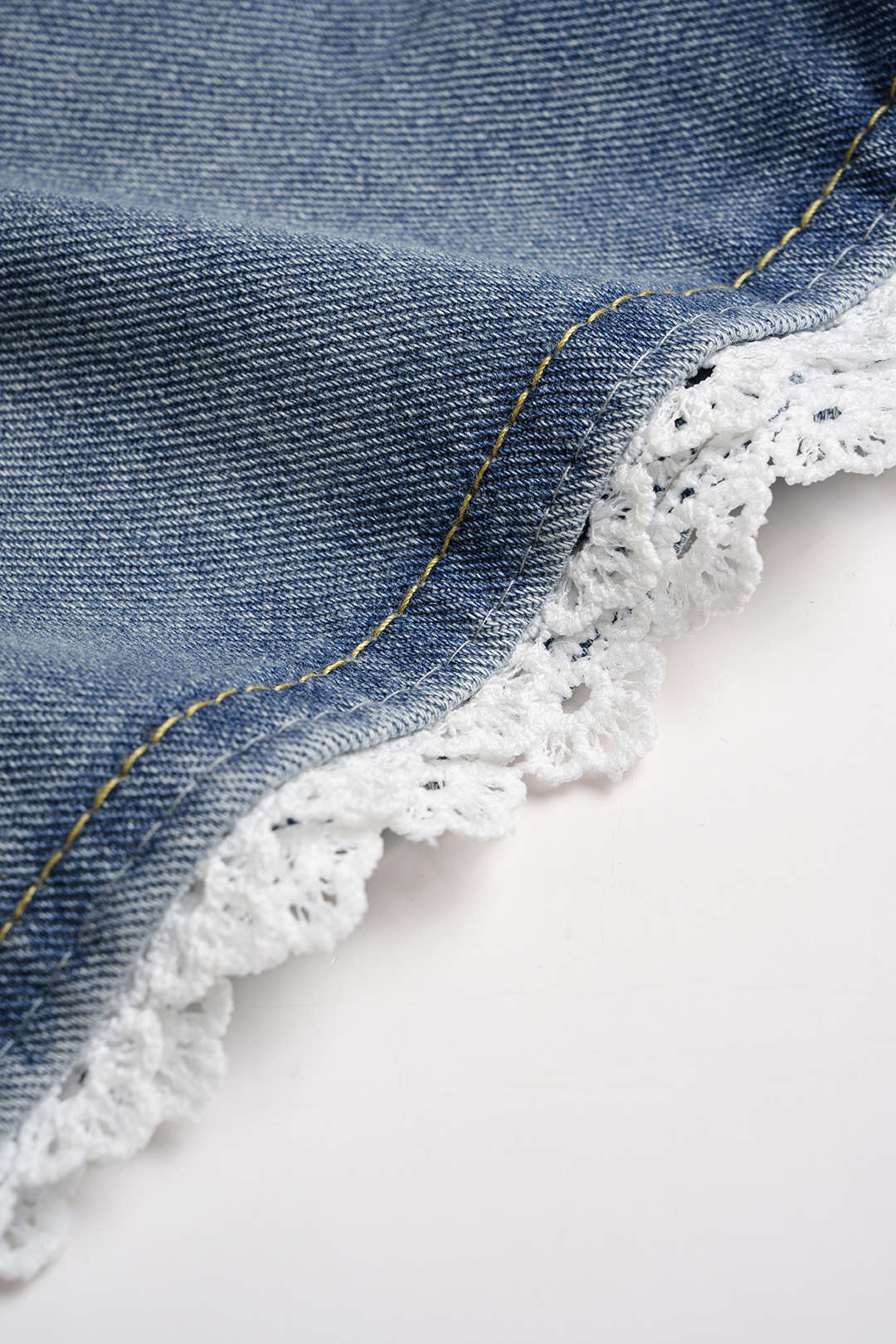 Denim Patchwork Lace Trim High Waist Wide Leg Shorts