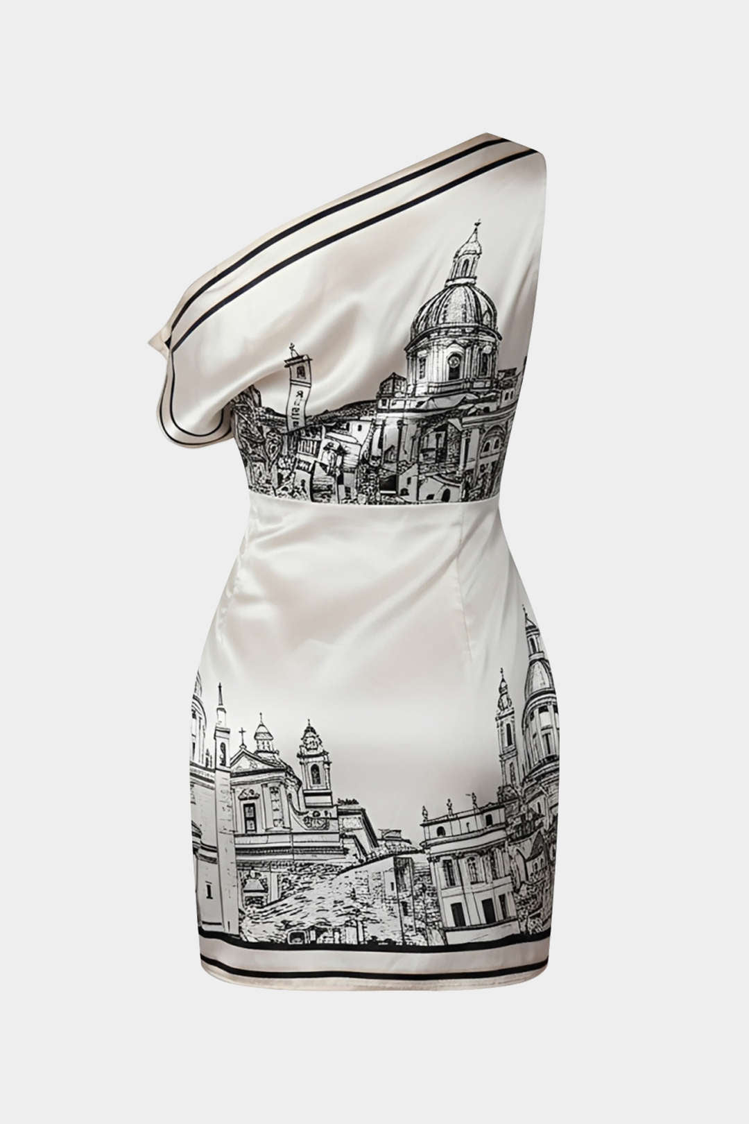 Robe midi asymétrique satinée sans manches à imprimé nouée sur une épaule