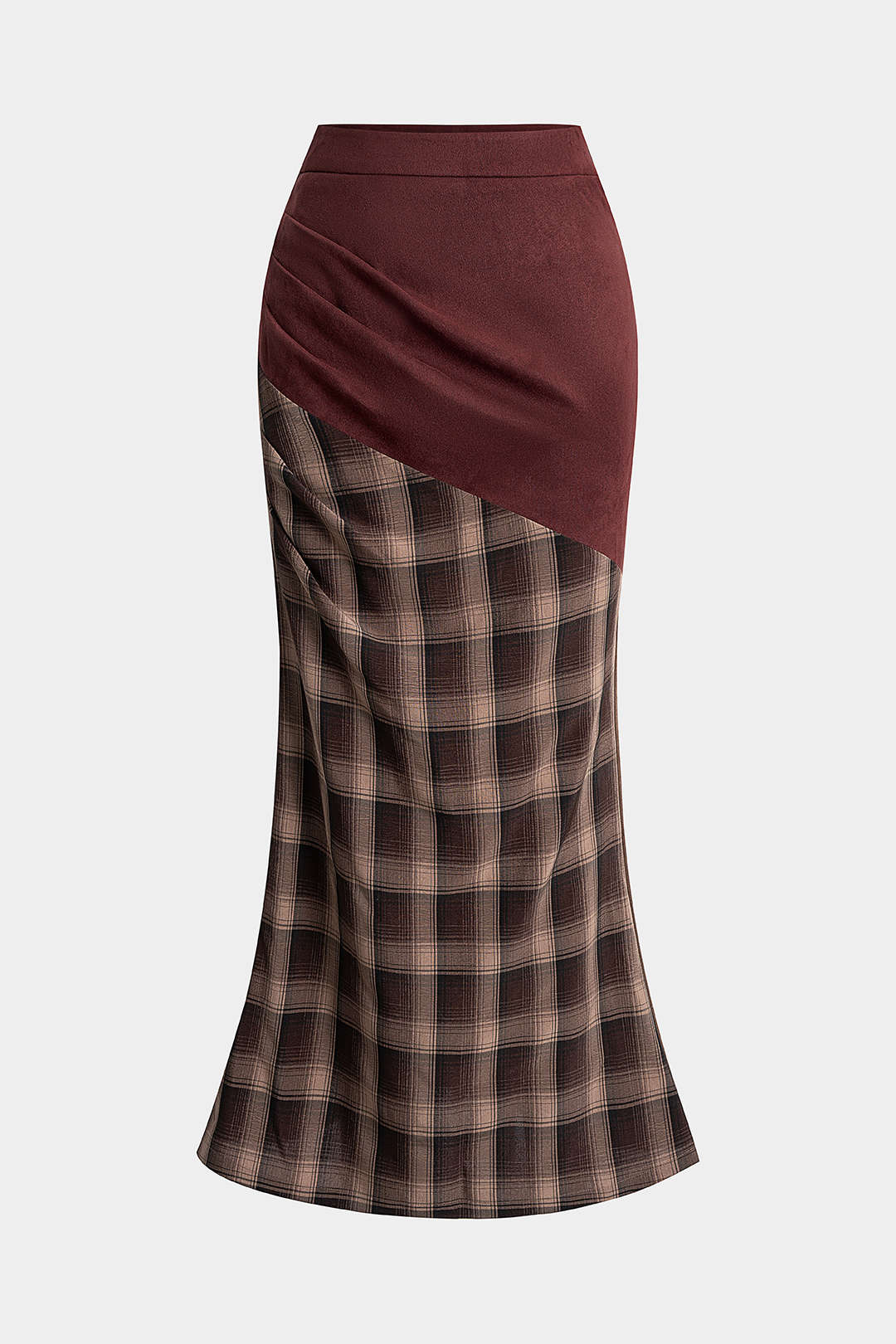 High Waist Rock aus Wildleder-Patchwork mit Karomuster