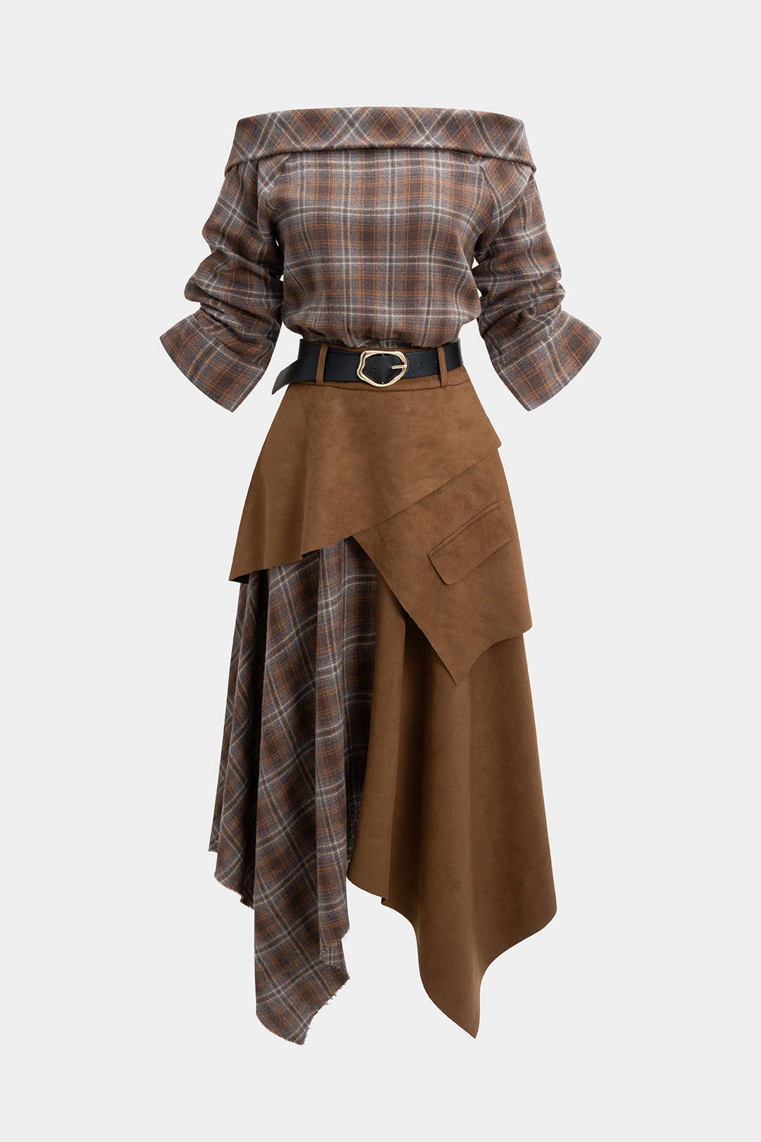 Off-Shoulder Midikleid aus Wildlederimitat mit Karomuster, Reißverschluss und Gürtel