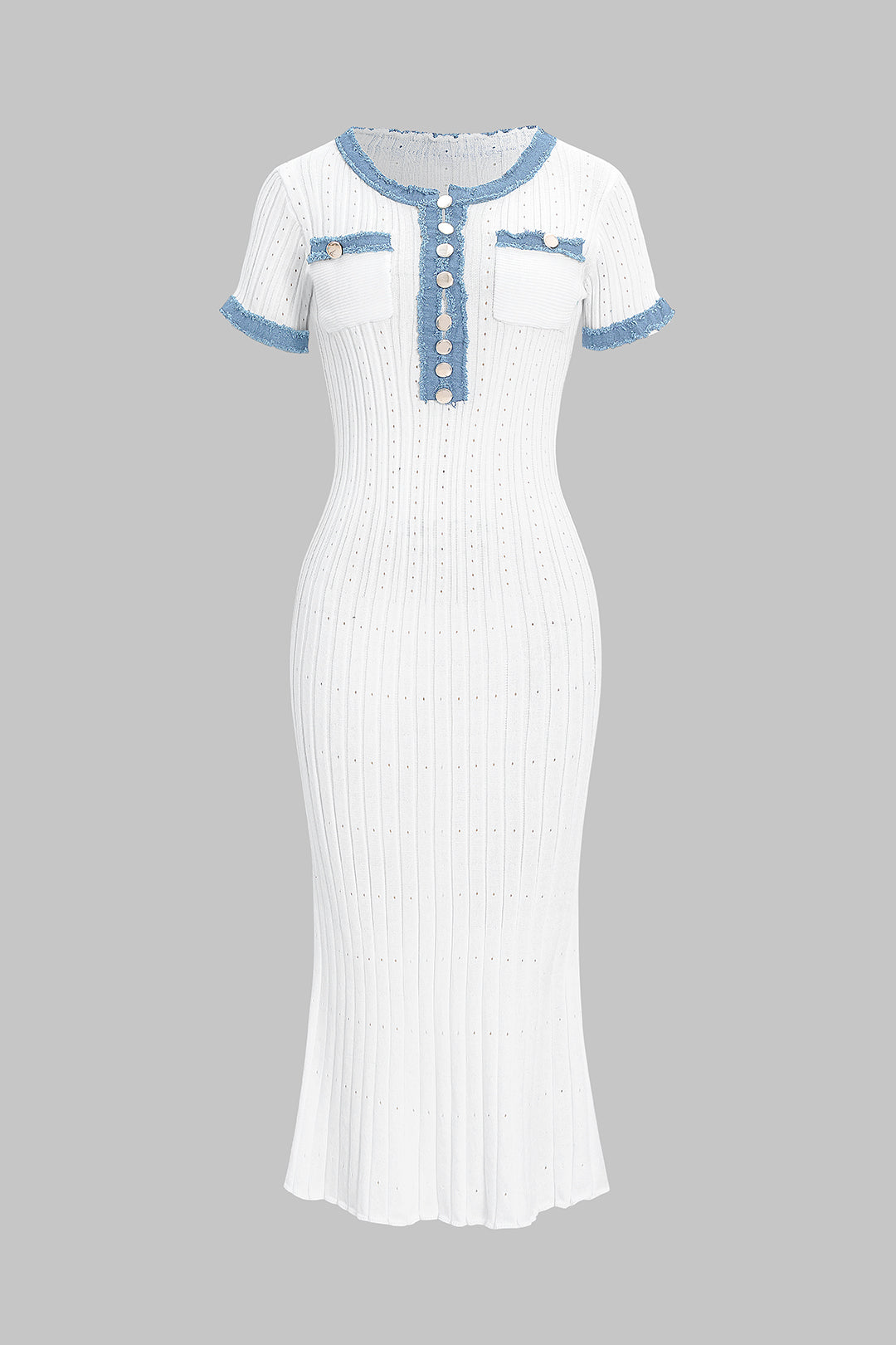 Robe longue boutonnée à manches courtes en maille ajourée et patchwork