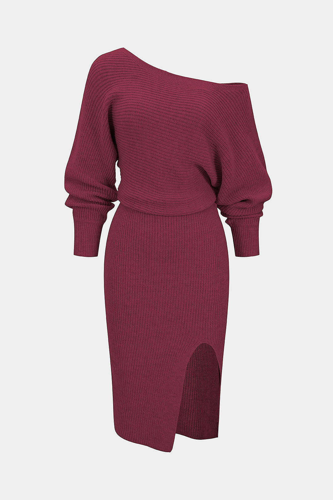 Knit Off-Shoulder Ribbed Side Slit Long Sleeve Midi Dress