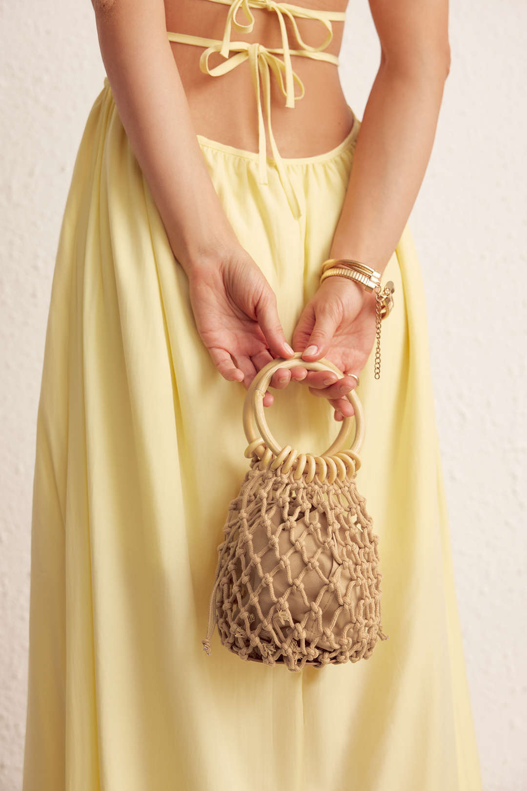 Woven Wooden Handle Tote Bag