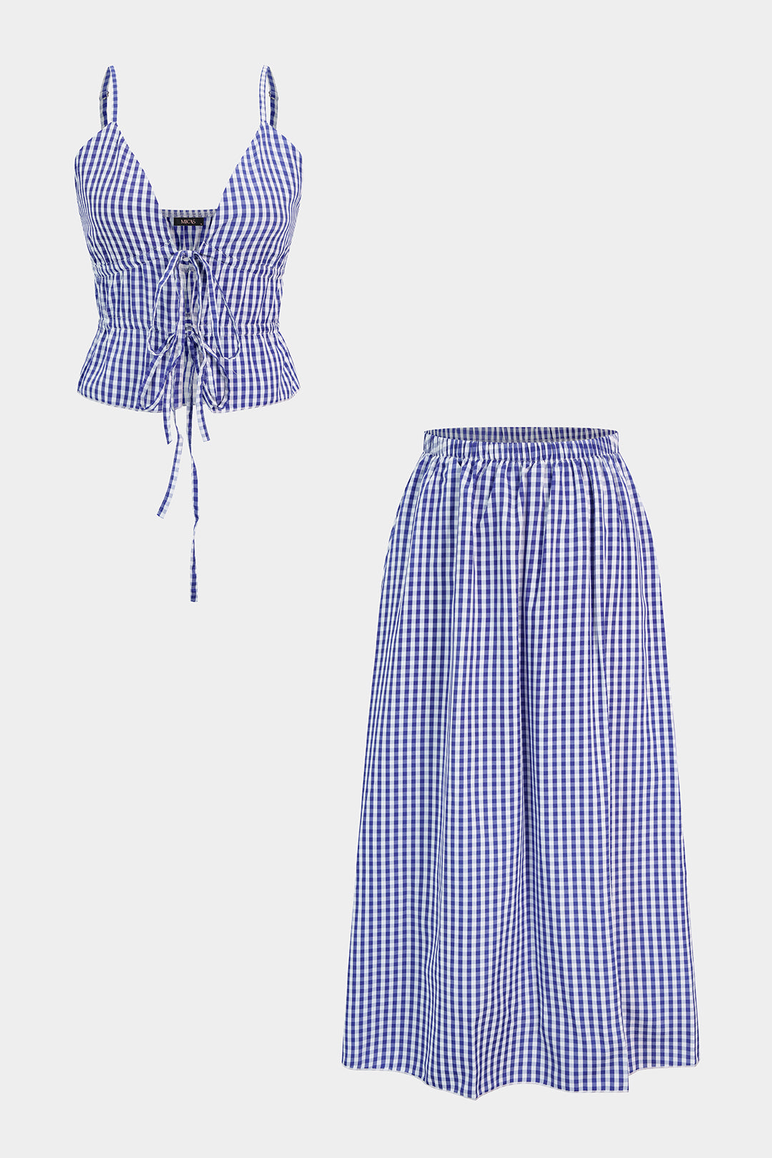 Plaid Print Tie-Up Cami Top And Shirred Waistband Skirt Set