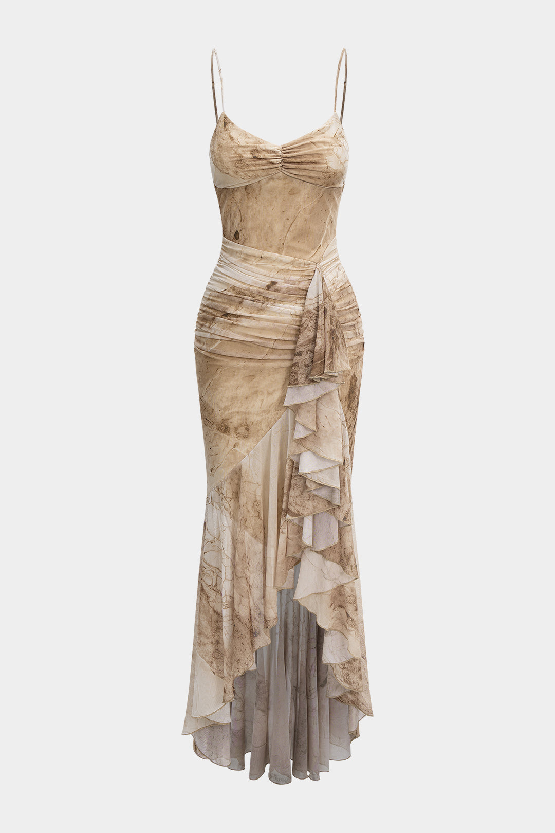 Abstrakter Druck Asymmetrisch gerafftes Slip-Maxikleid mit Rüschensaum und ohne Ärmel
