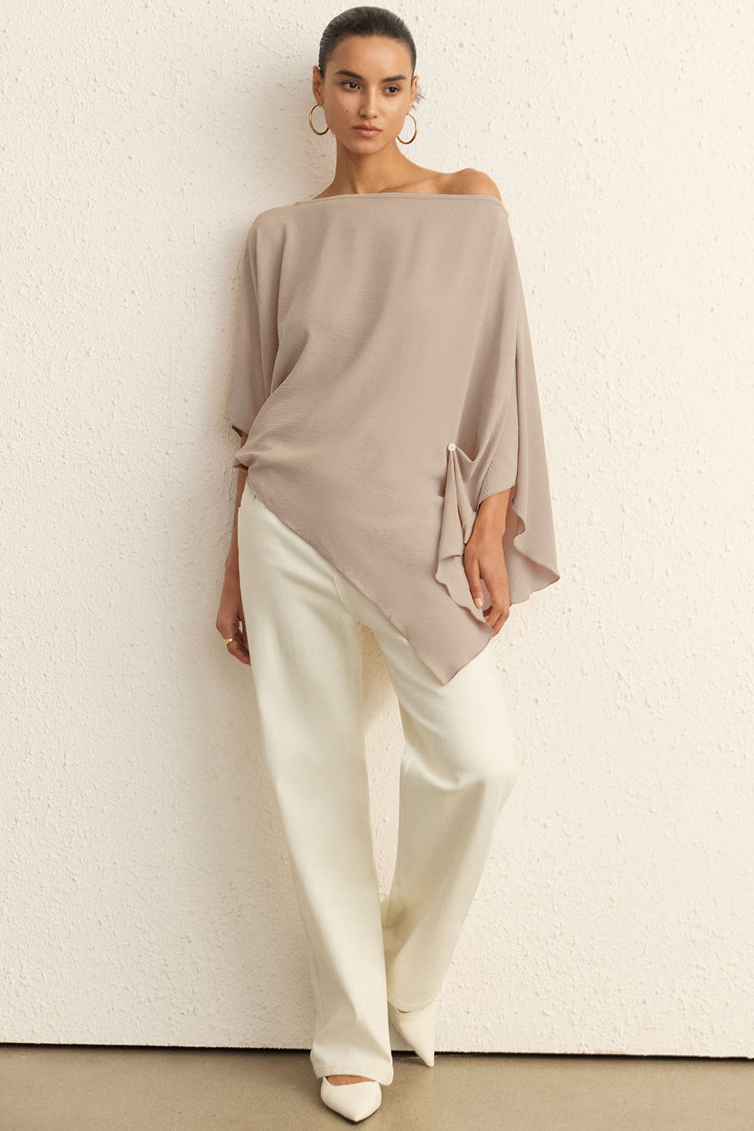 Asymmetrical Button Batwing Short-Sleeve Shirt