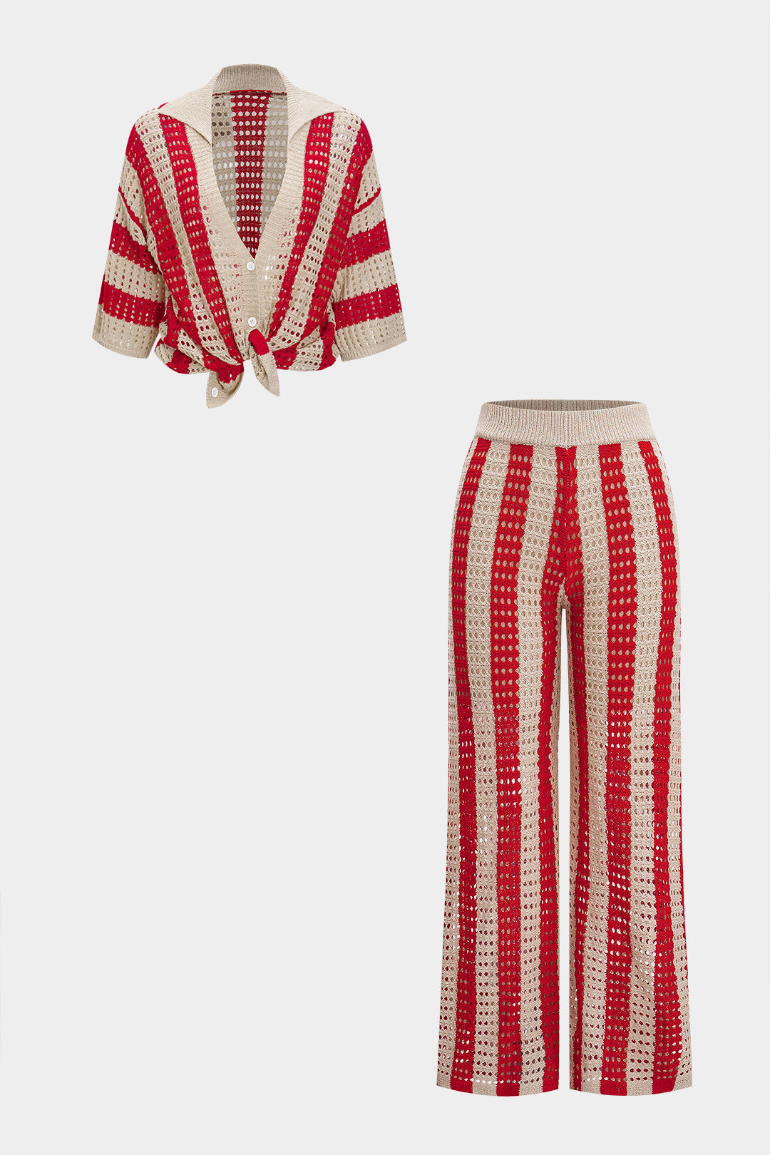 Knit Cut Out Contrast Short-Sleeve Top And Pants Set