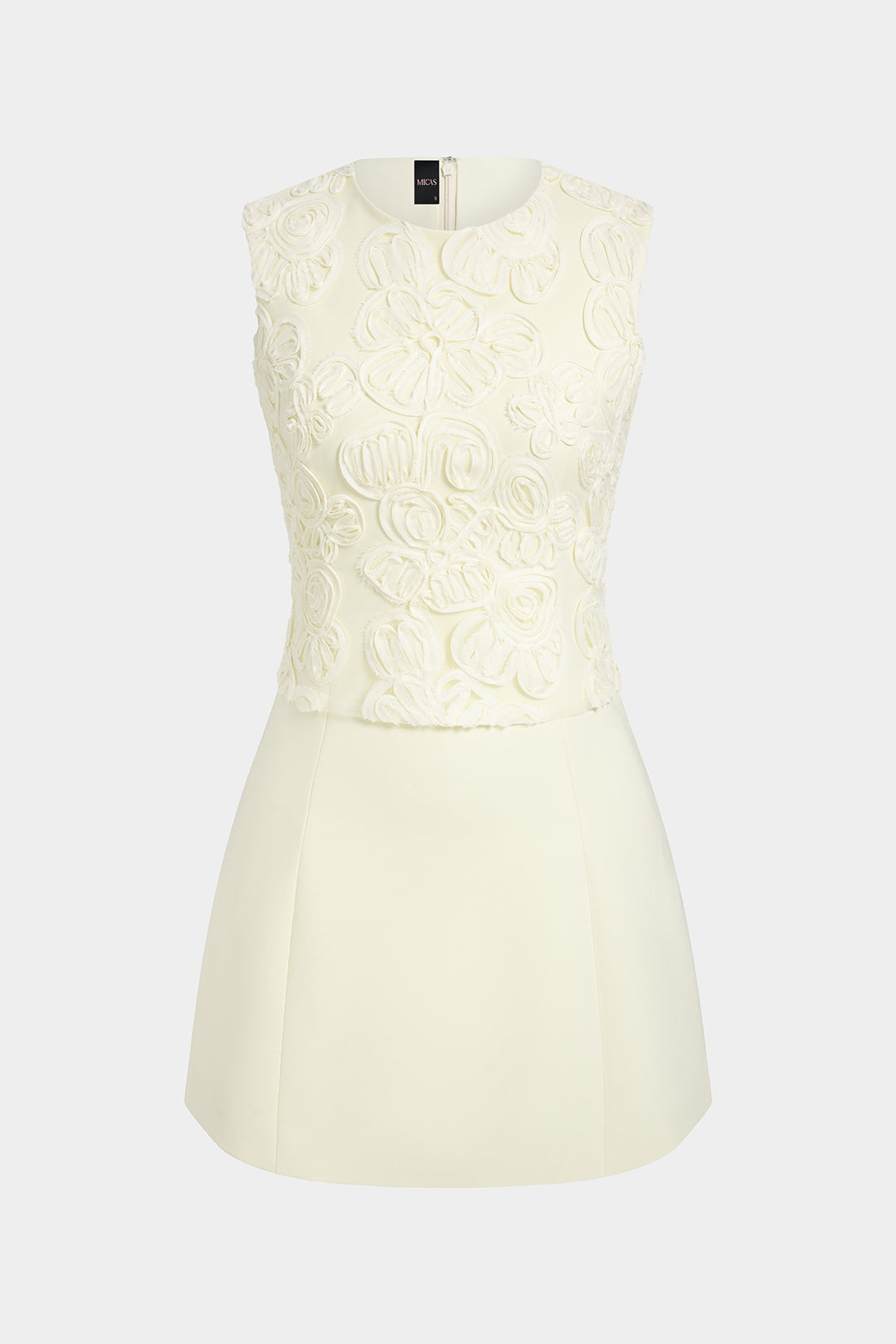 3D-Blumenmuster Satin-Patchwork Rundhals Ärmelloses Minikleid