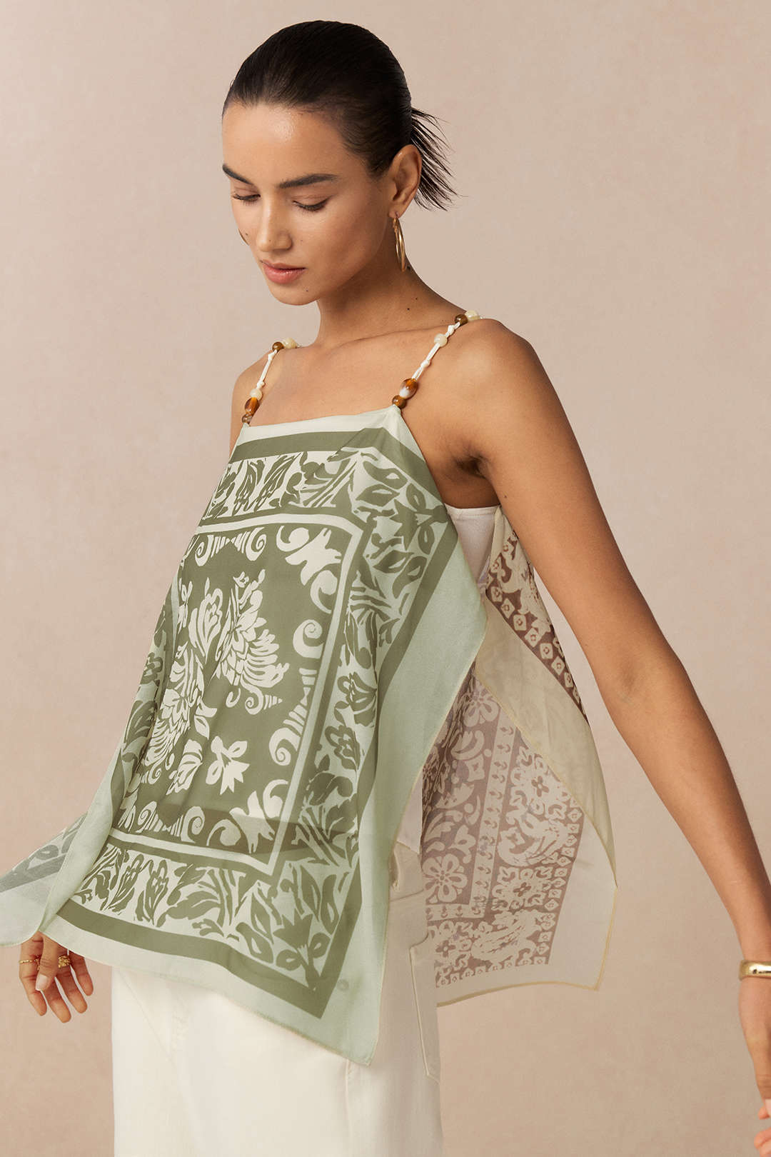 Künstlerischer Print Satin Patchwork Chiffon Perlen Cami-Top