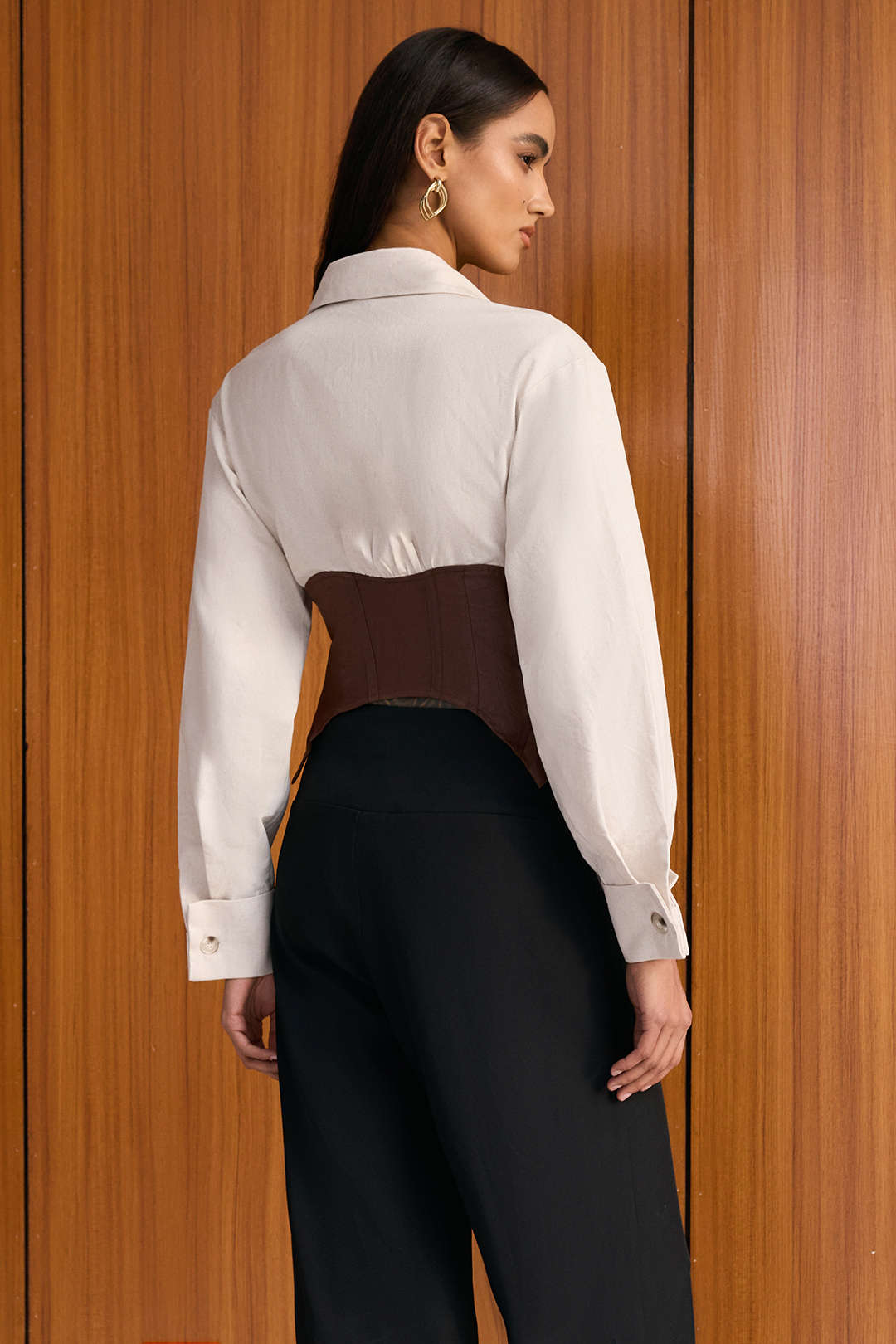 Linen Patchwork Metallic Buckle Long-Sleeve Shirt