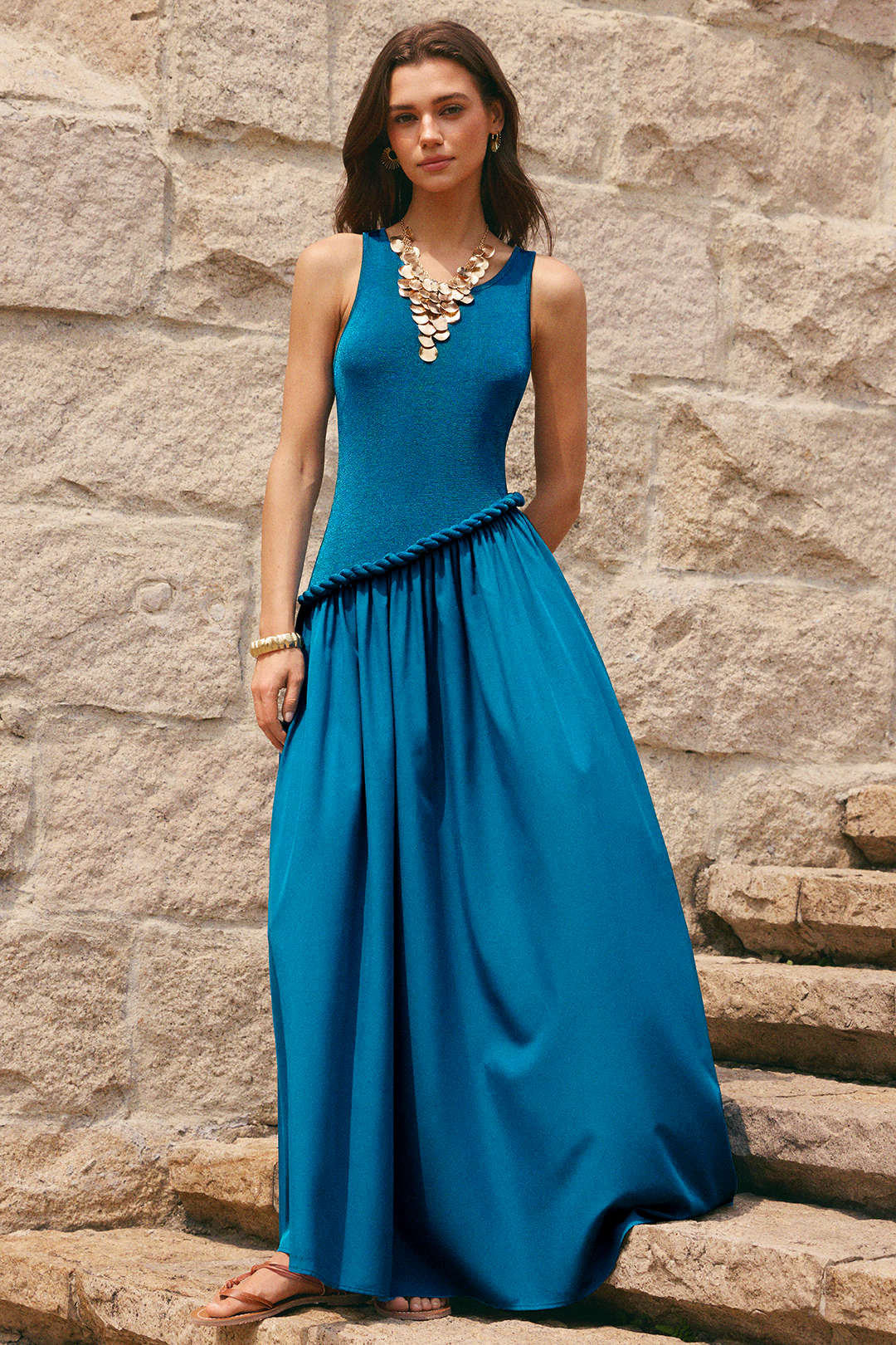 Patchwork Rundhals Twist-Knoten Ärmelloses Maxikleid