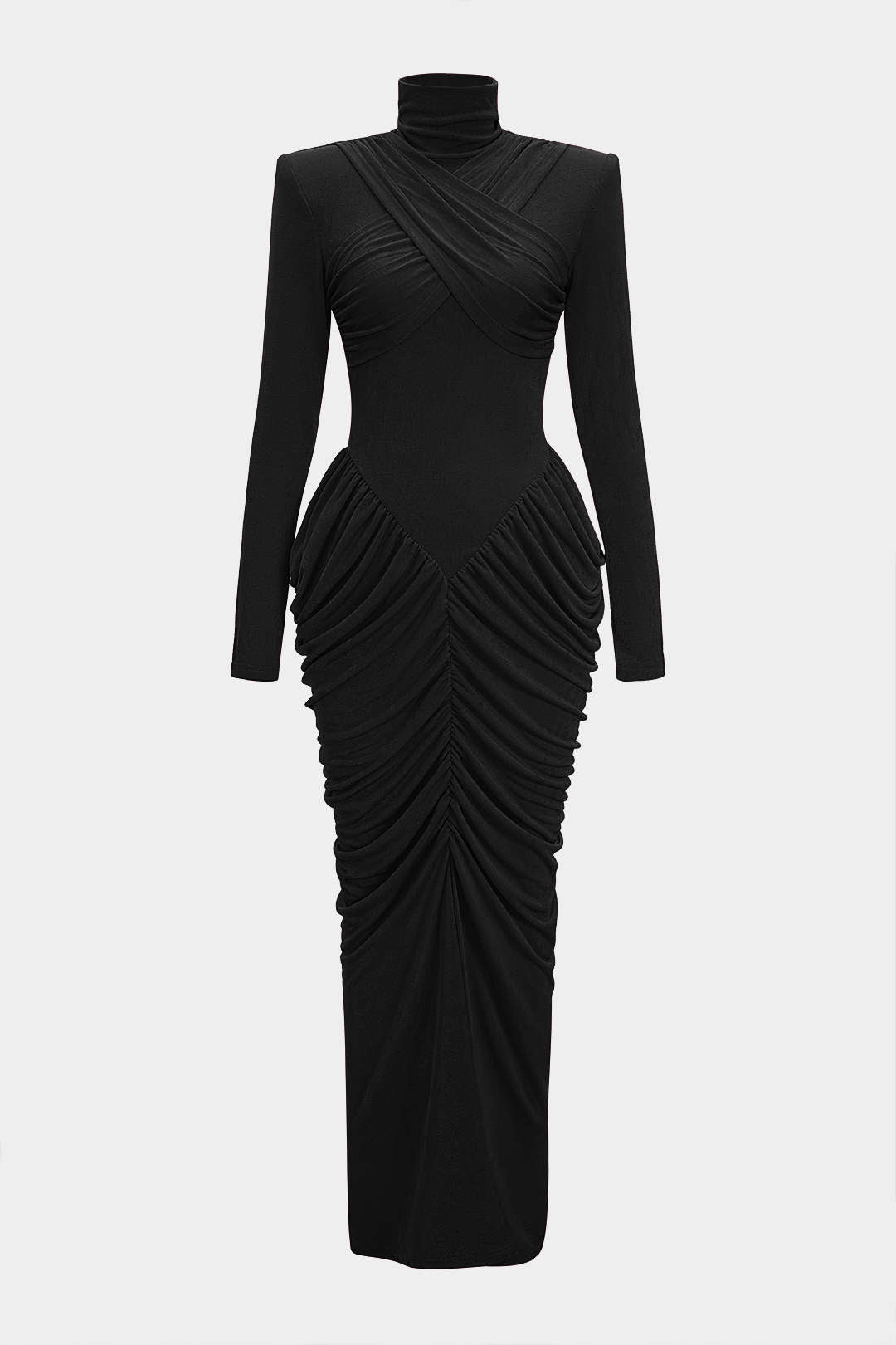 Maxikleid mit Stehkragen, Schulterpolstern, überkreuzter Raffung am Rücken und langen Ärmeln