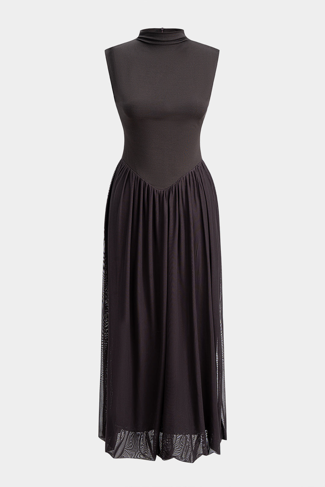 Patchwork Mesh Mock Neck Ruched Sleeveless Midi Dress