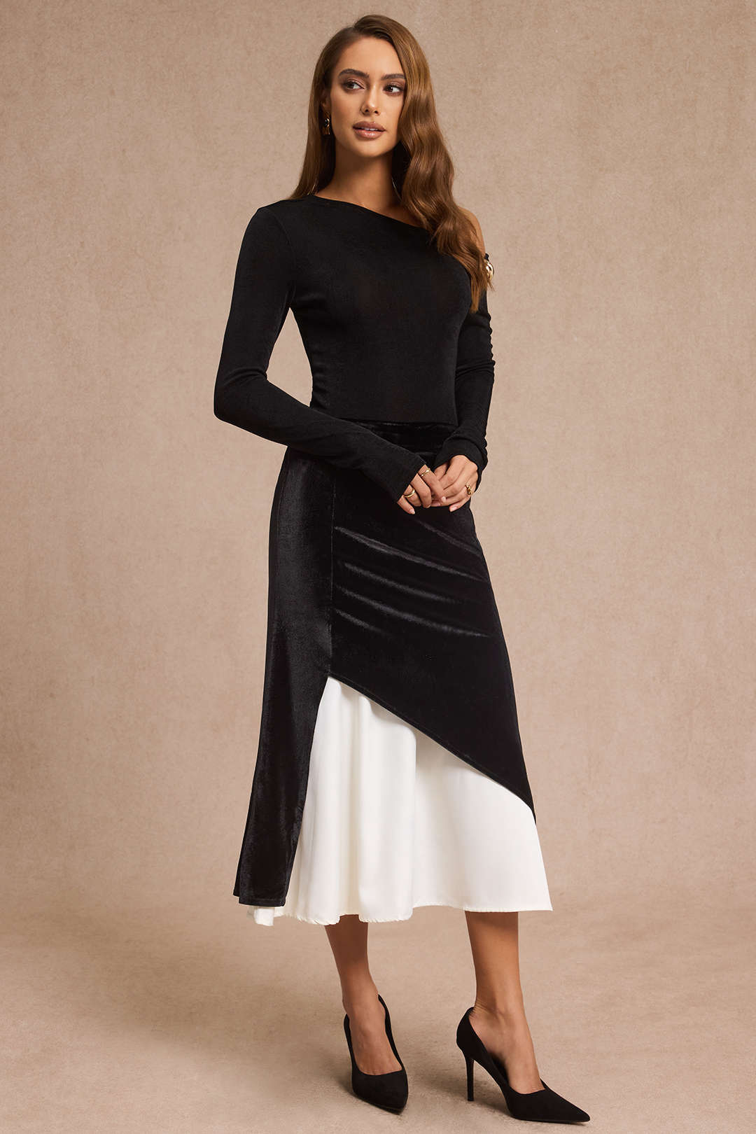 Velvet Patchwork Asymmetrical High Waist Skirt