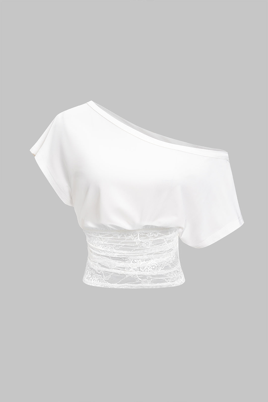 T-shirt asymétrique ruché à manches courtes avec empiècements en dentelle