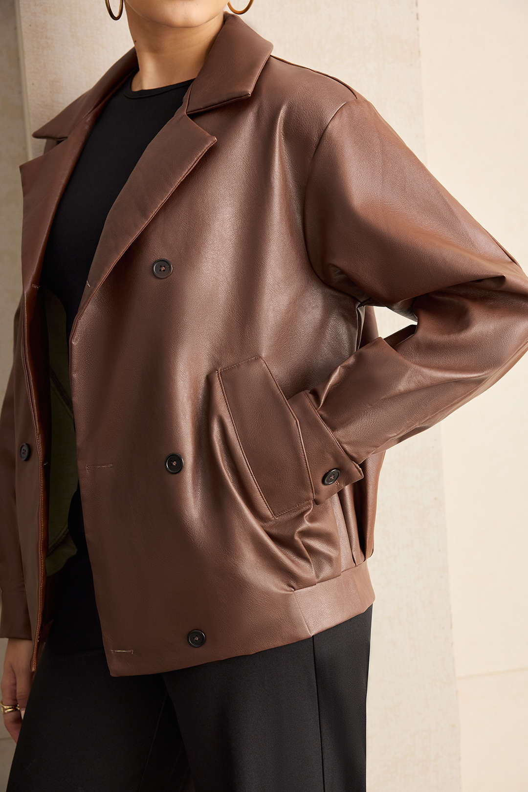 Faux Leather Notched Lapel Blazer