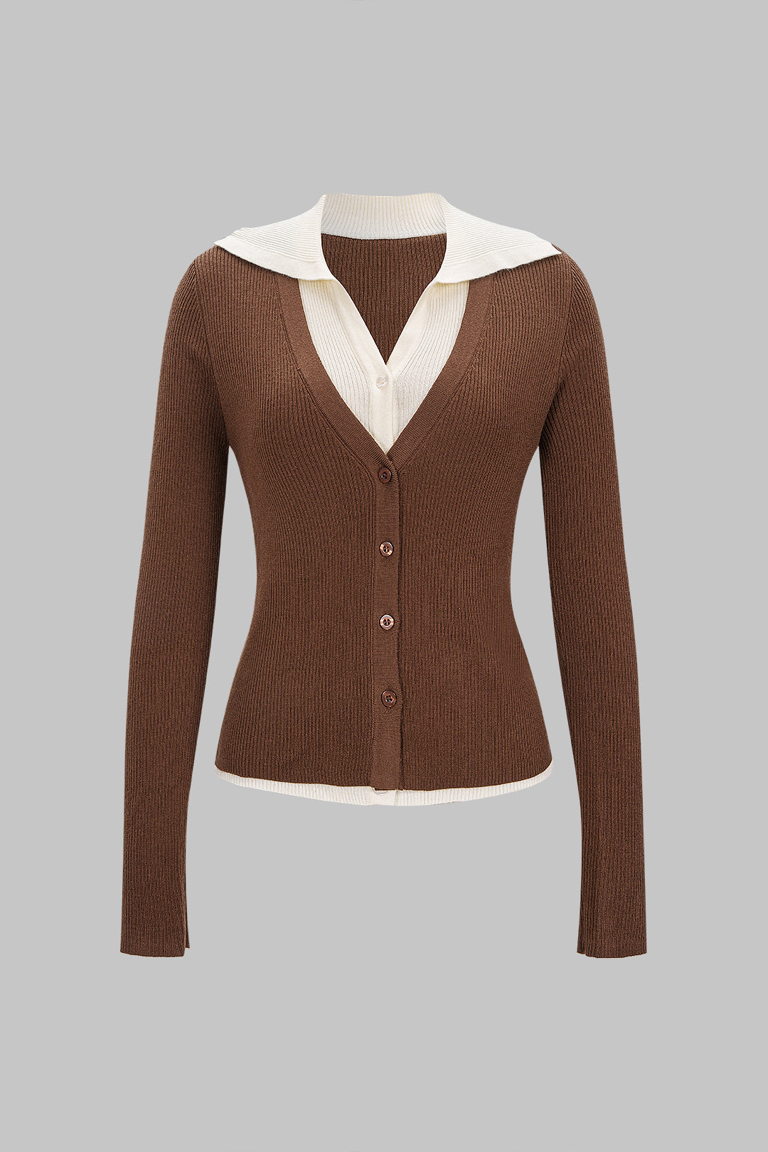 Knit V-Neck Contrast Button Long-Sleeve Top