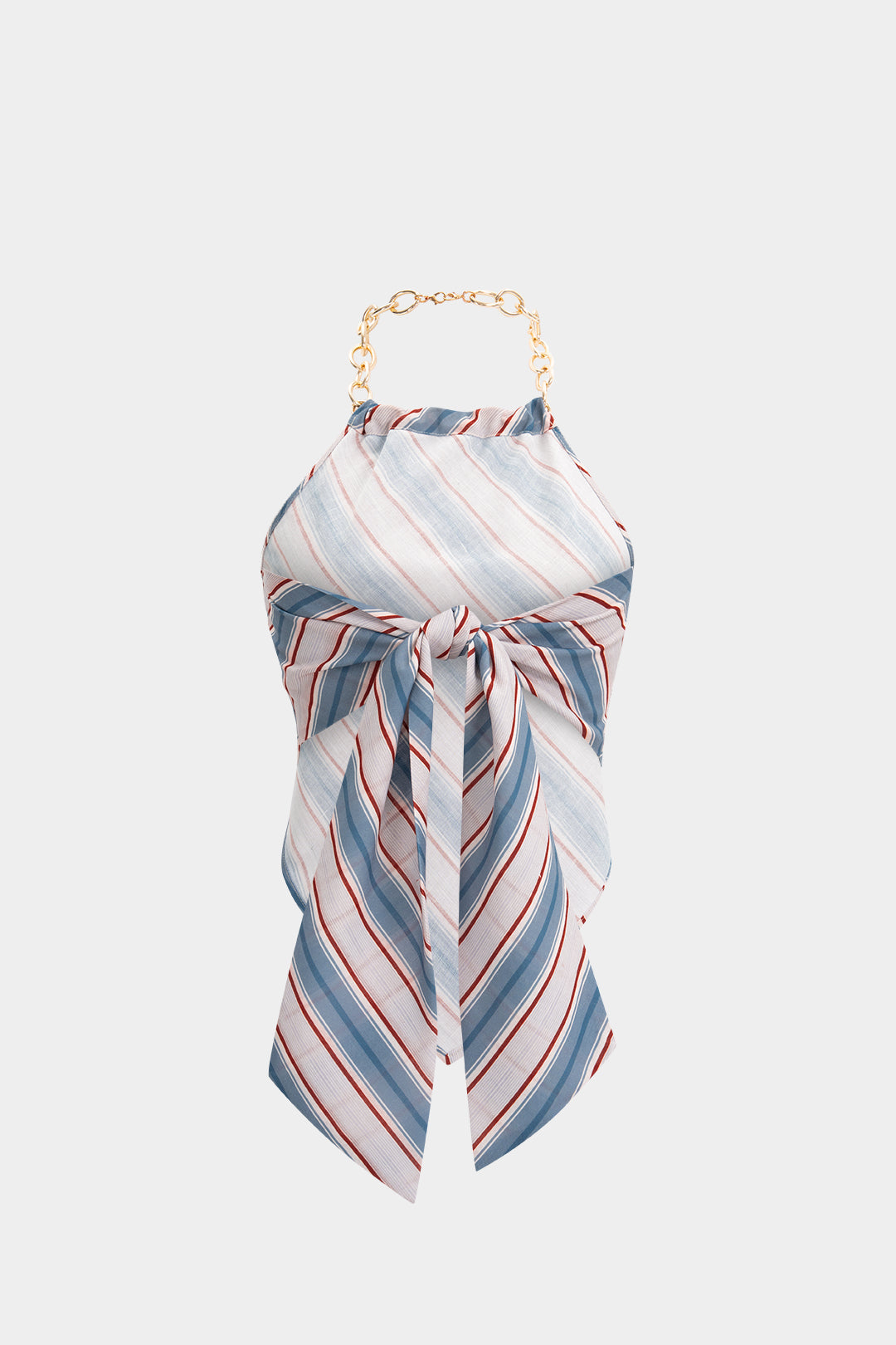 Stripes Print Metallic Chain Halter Neck Backless Ruched Tie-Up Tank Top