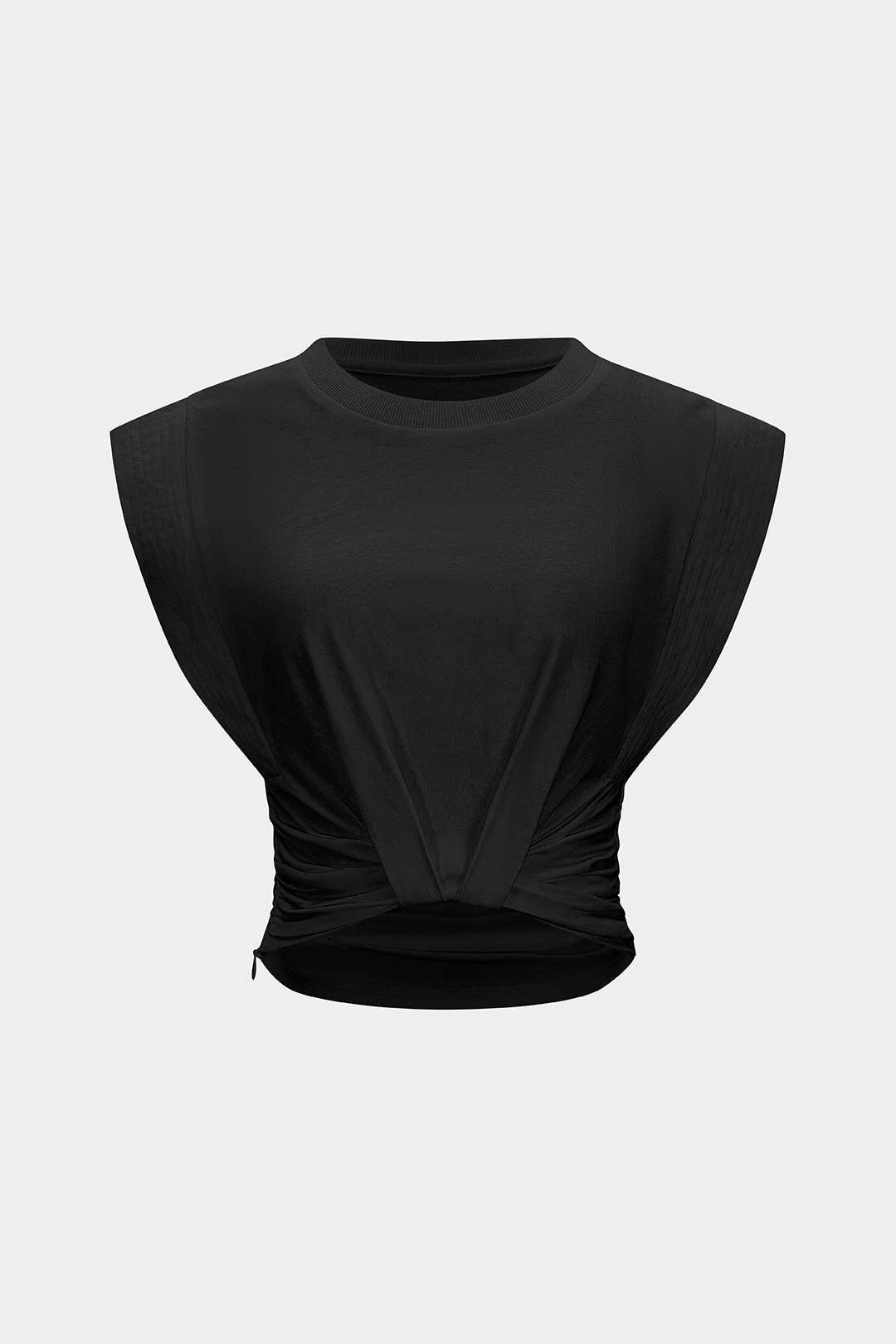 T-shirt solide à col rond, manches volantées froncées