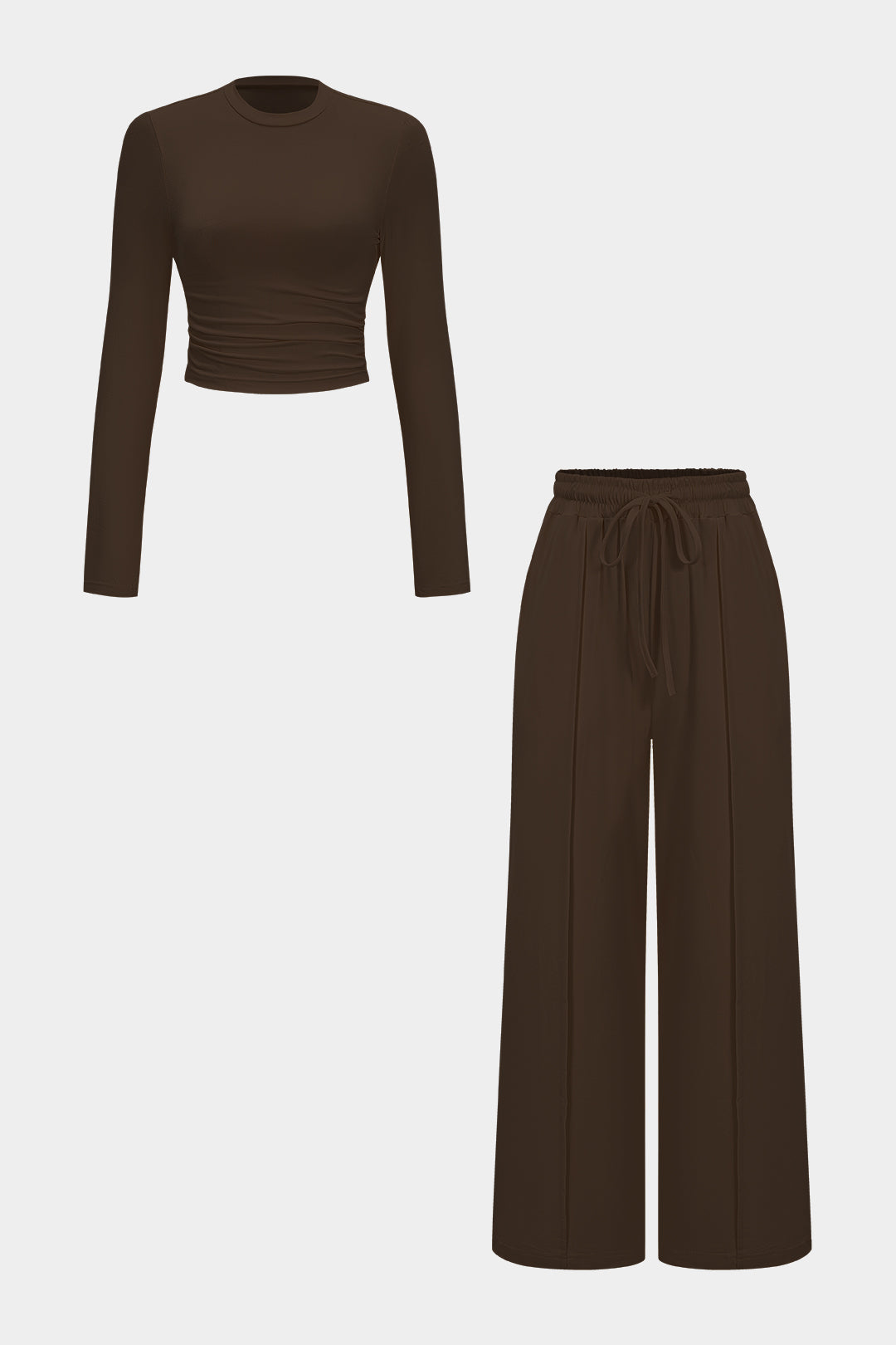 Ruched Long-Sleeve Top And Tie-Up High Waist Wide Leg Trousers Set