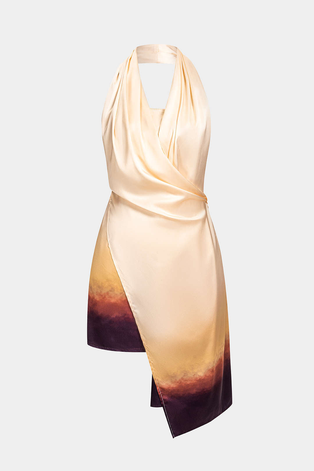Ombre-Kleid mit Kontrastdruck, Neckholder, V-Ausschnitt, asymmetrischen Raffungen und ärmellosem Schnitt