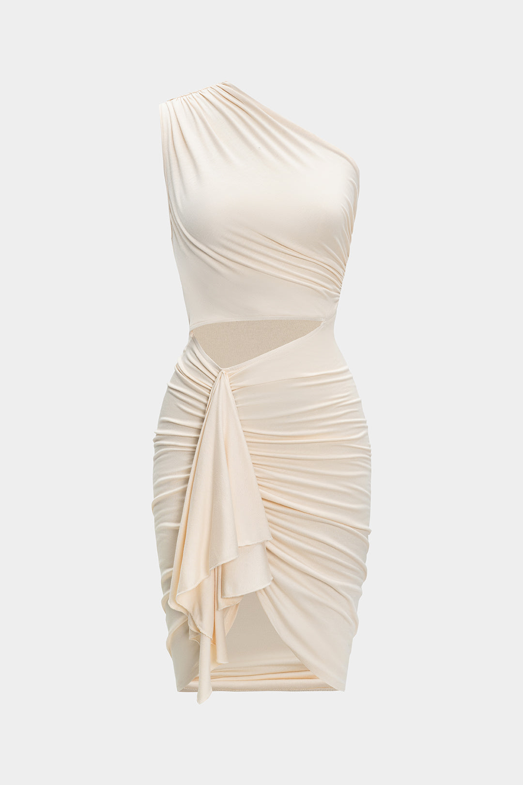 Robe mi-longue froncée asymétrique à découpes
