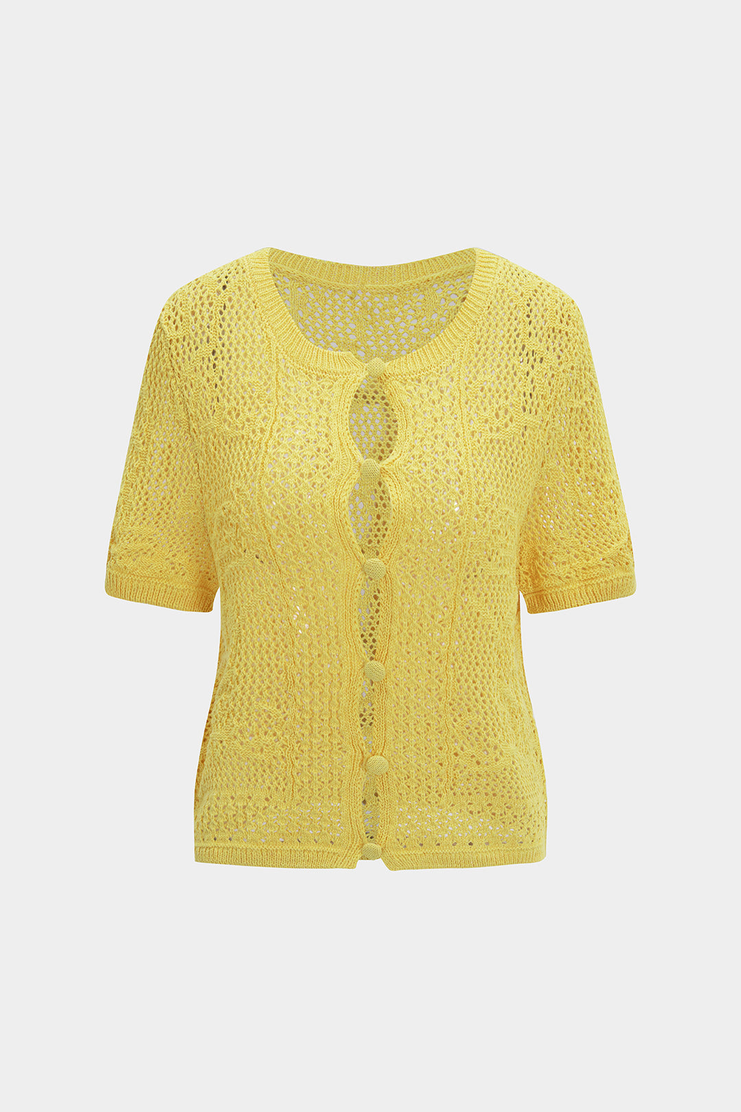 Open Knit Button Short-Sleeve Top
