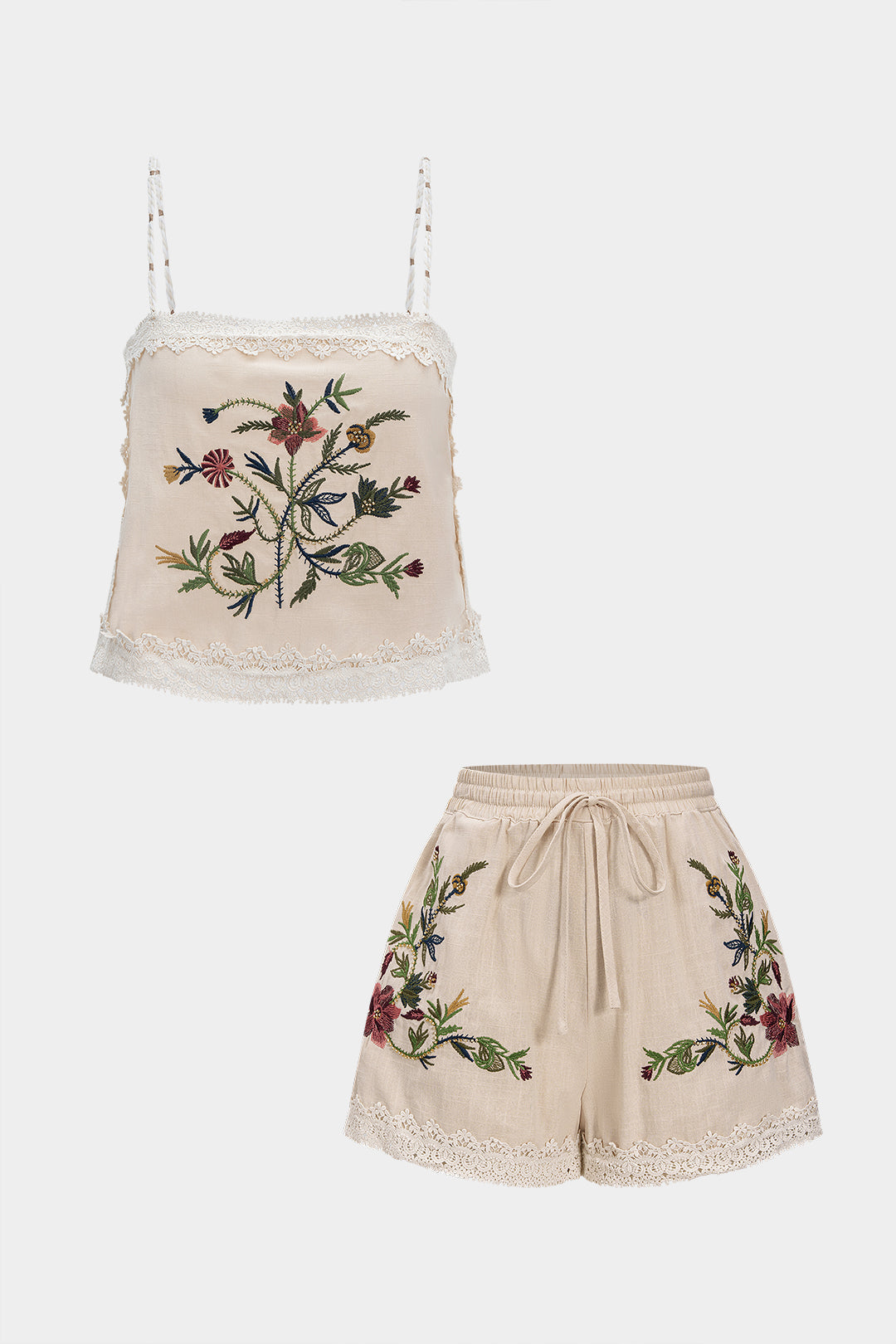 Shorts à nouer brodés patchwork en dentelle