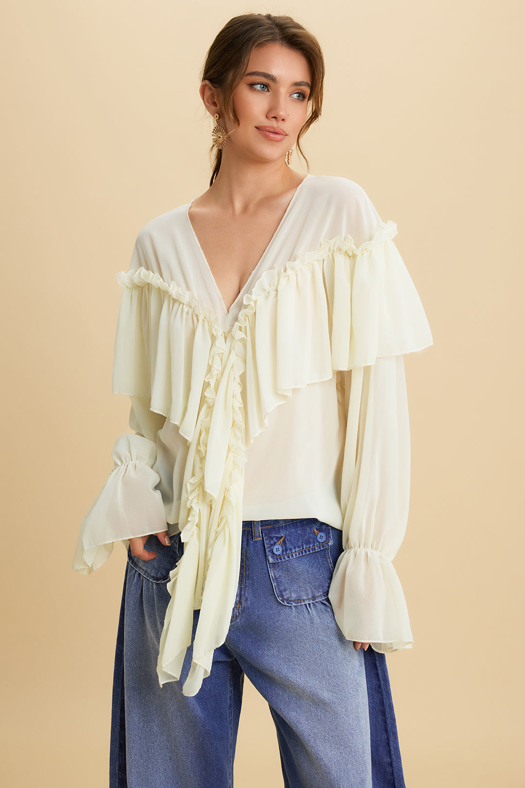Chiffonrüschen Gerafftes Trägerloses Glockenlangarmshirt