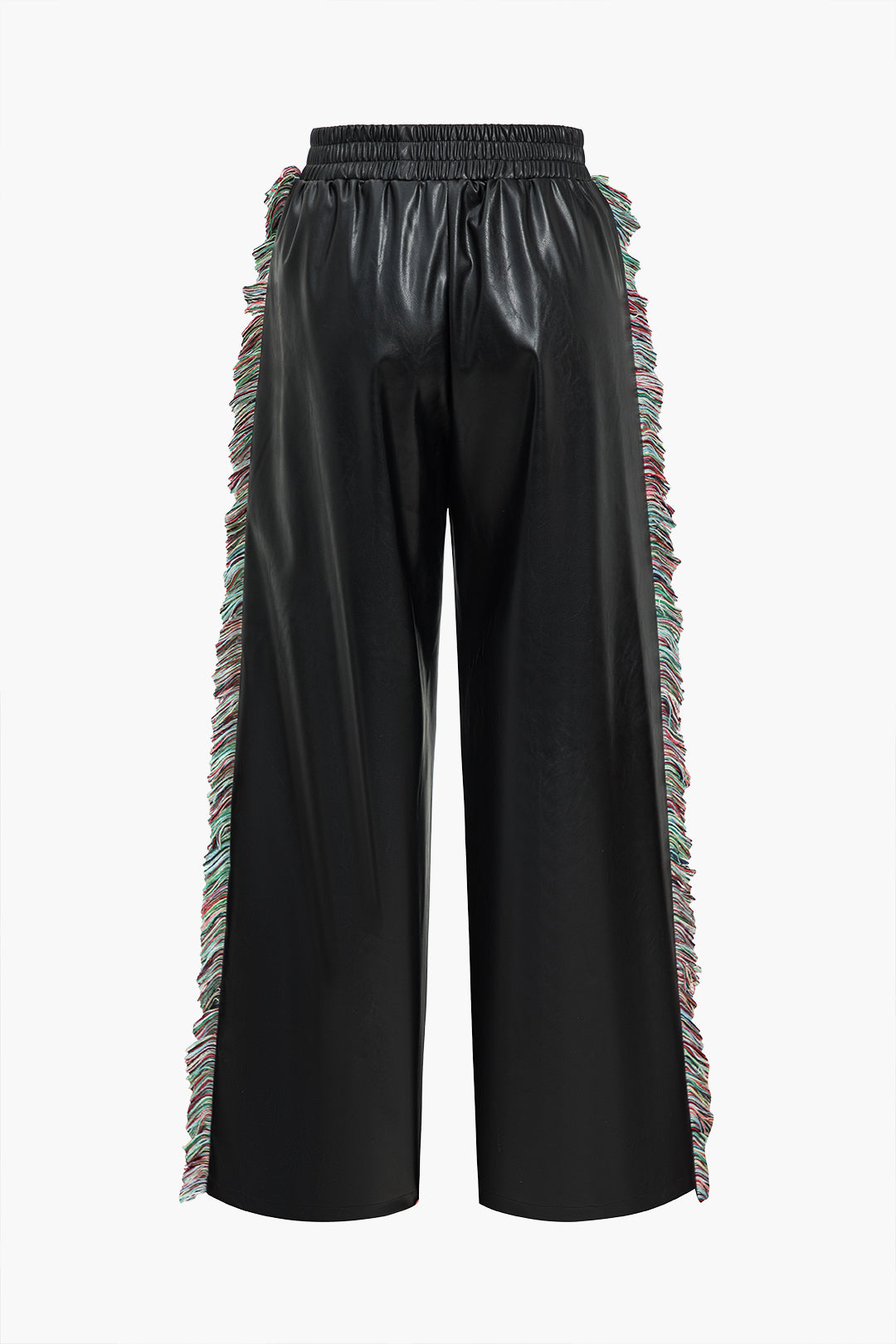 Solid Faux Leather Trousers With Fringe