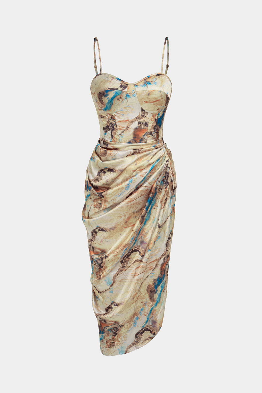 Midi-Kleid mit Marmor-Print aus Satin, Korsett und gerafftem Oberteil ohne Ärmel