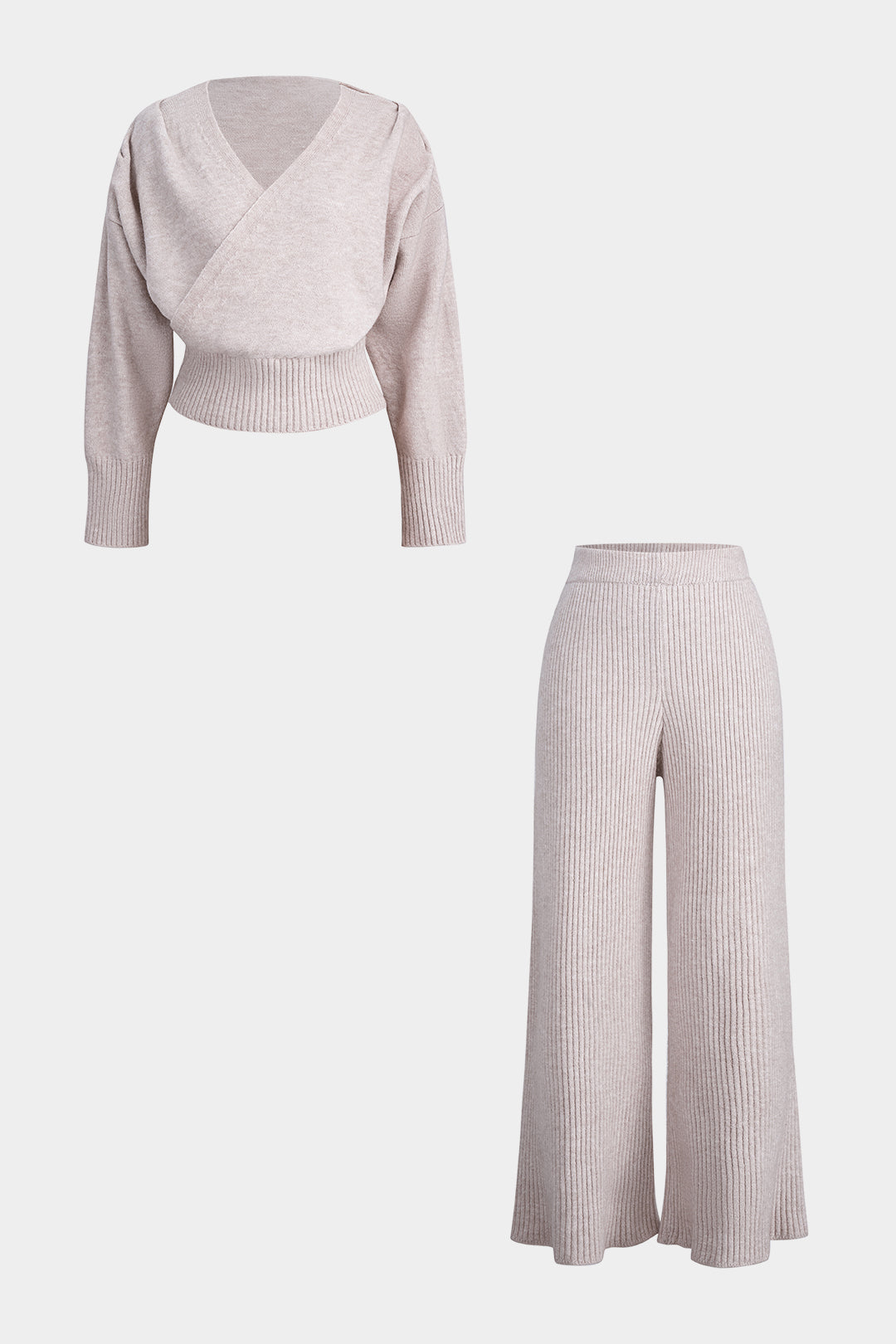Knit Cross V-Neck Long-Sleeve Top And Wide Leg Pants Set