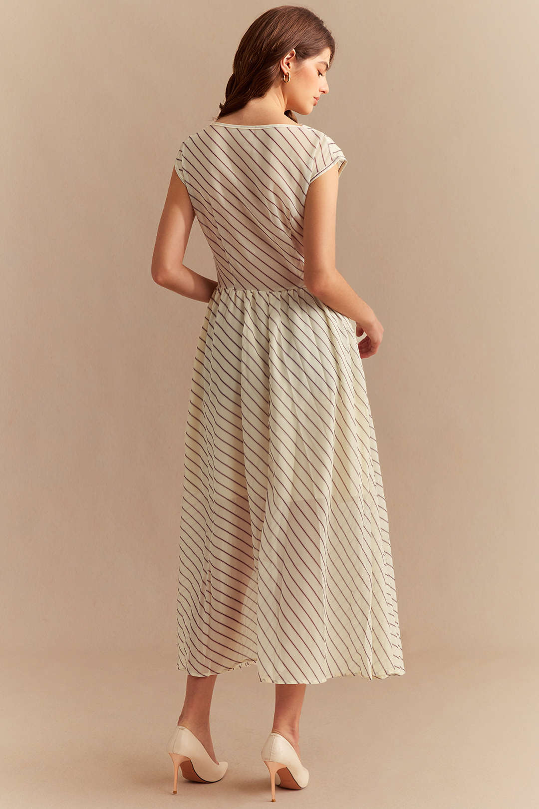 Stripes Print Chiffon Draped Cowl Neck Sleeveless Maxi Dress