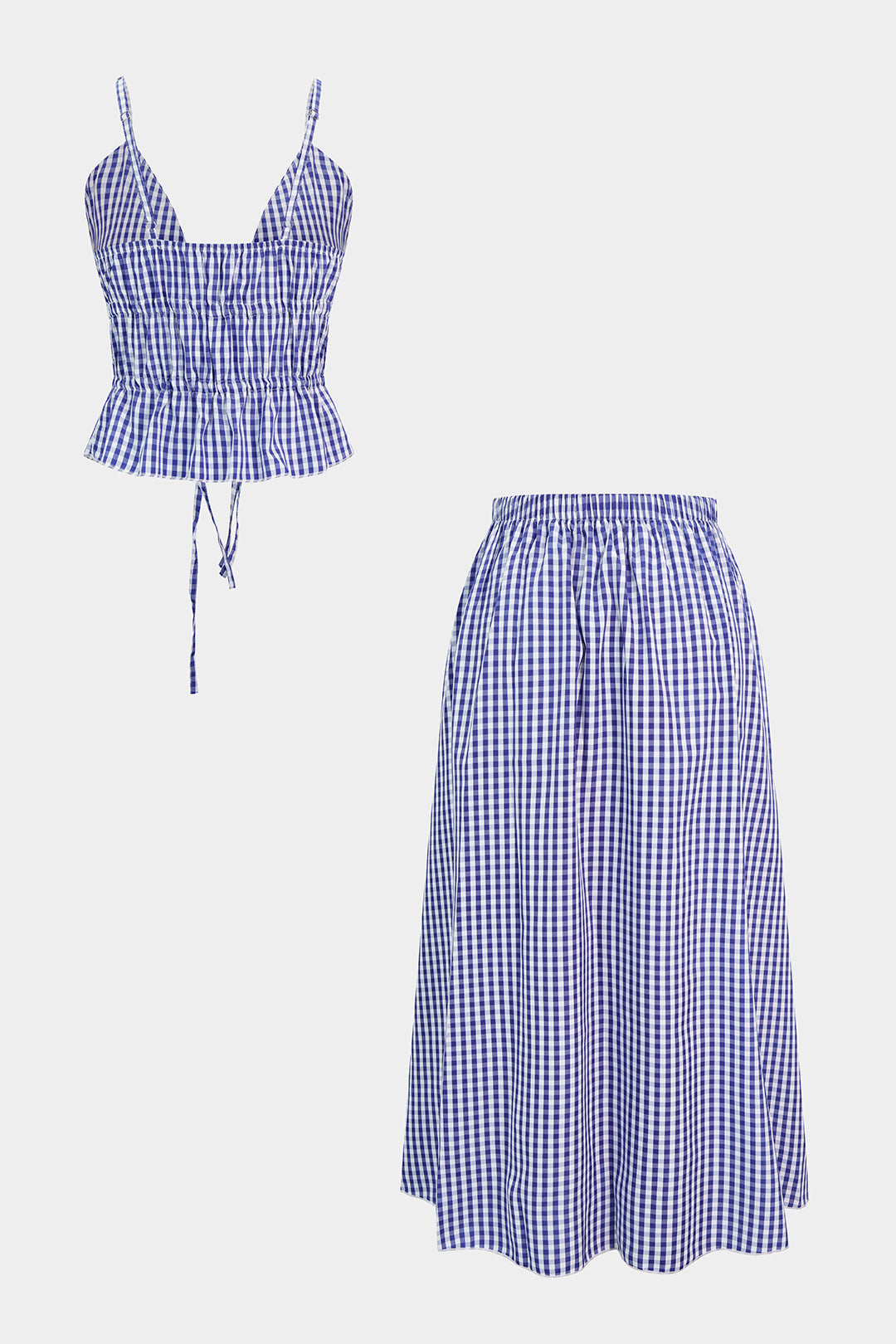 Plaid Print Tie-Up Cami Top And Shirred Waistband Skirt Set