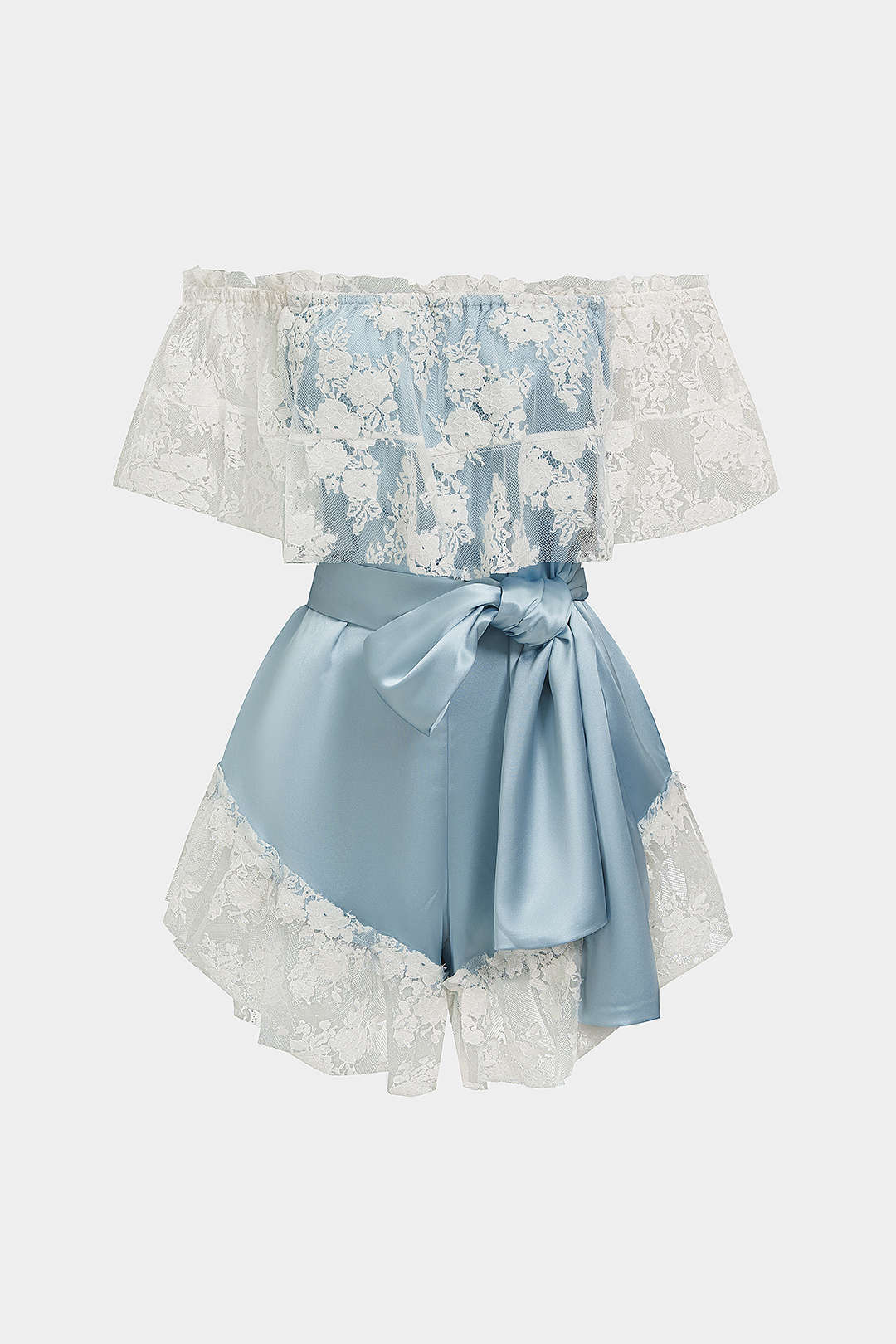 Satin Patchwork Lace Ruffle Tie-Up Hollow Out Sleeveless Romper