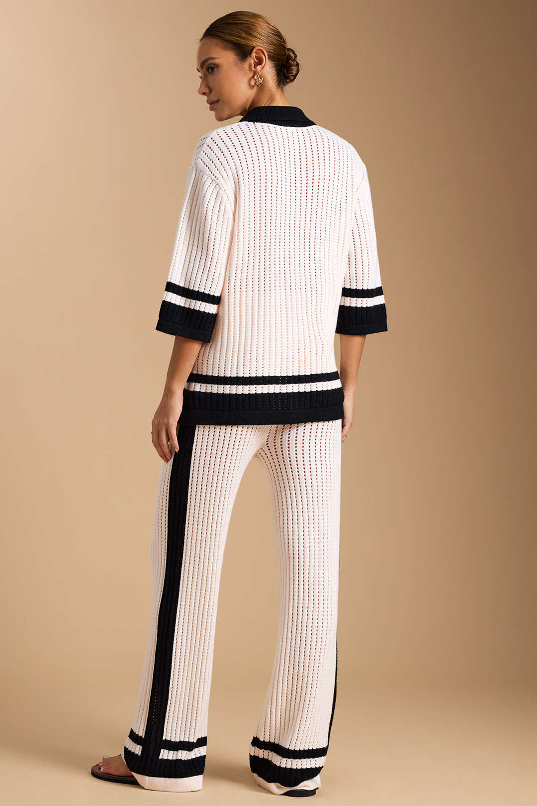 Knit Contrast Hollow Out Lapel Top And Drawstring Wide Leg Pants Set