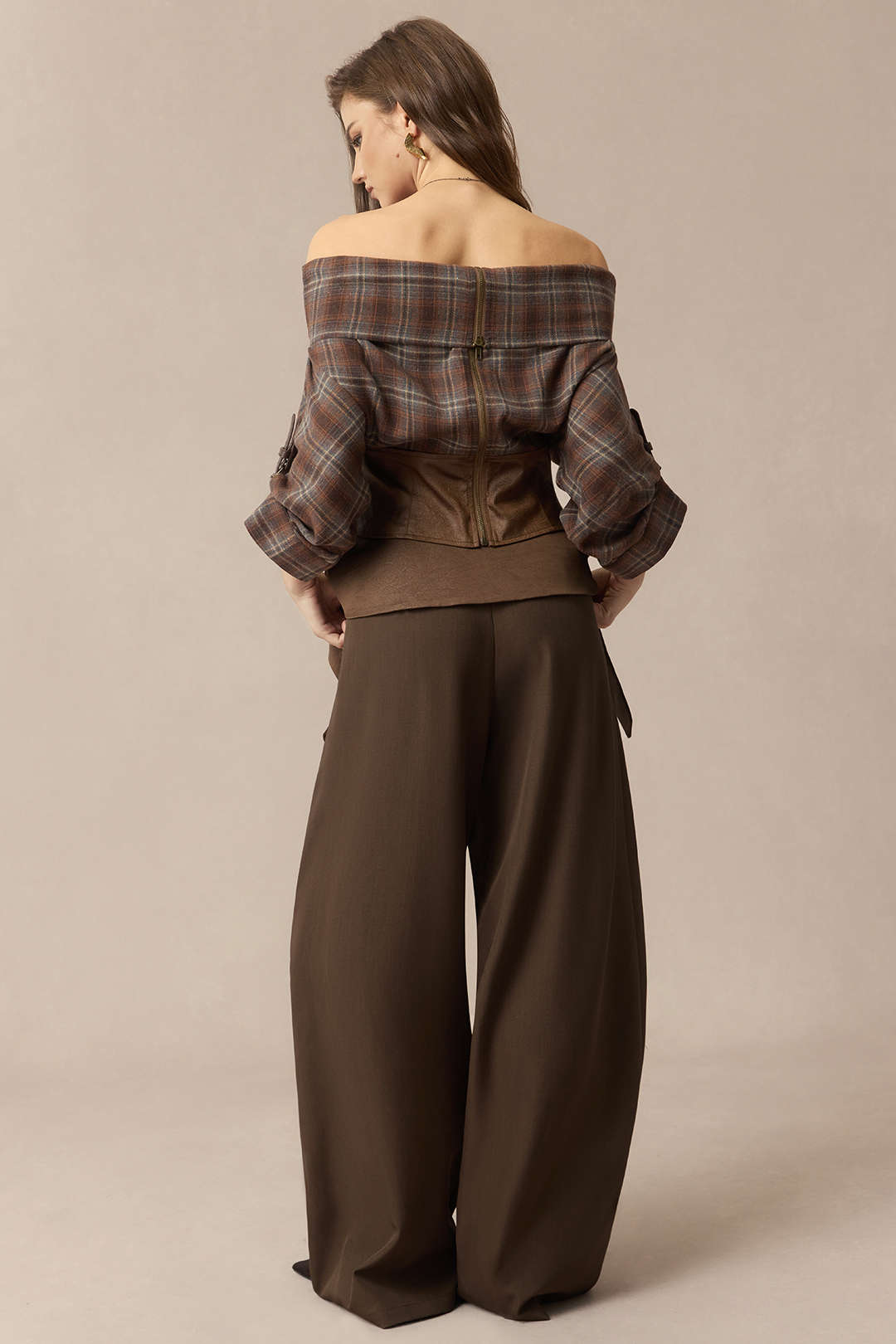 Plaid-Print-Satin-Patchwork-Off-Shoulder-Reißverschluss-Langarm-Hemd