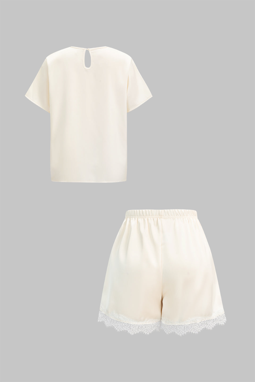 Satin-Rundhals-Kurzarm-T-Shirt und Patchwork-Spitzen-Shorts-Set