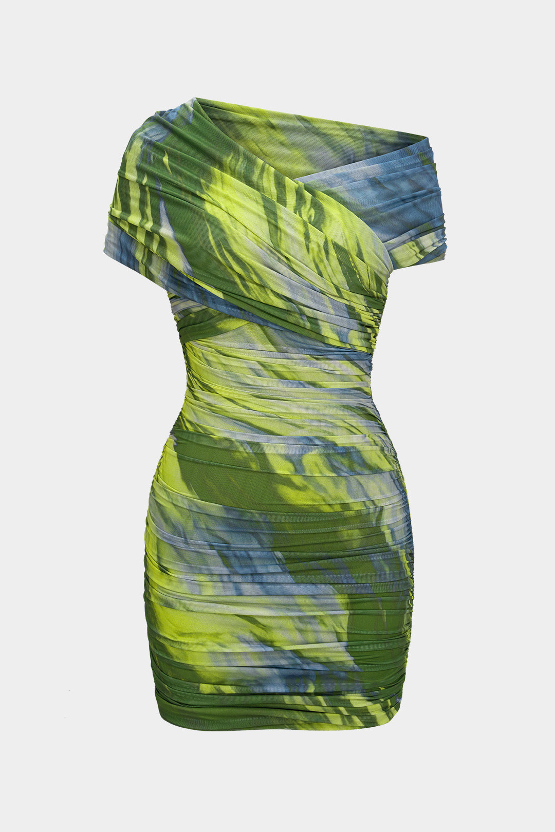 Watercolor Print Mesh Crossed Ruched Short Sleeve Mini Dress