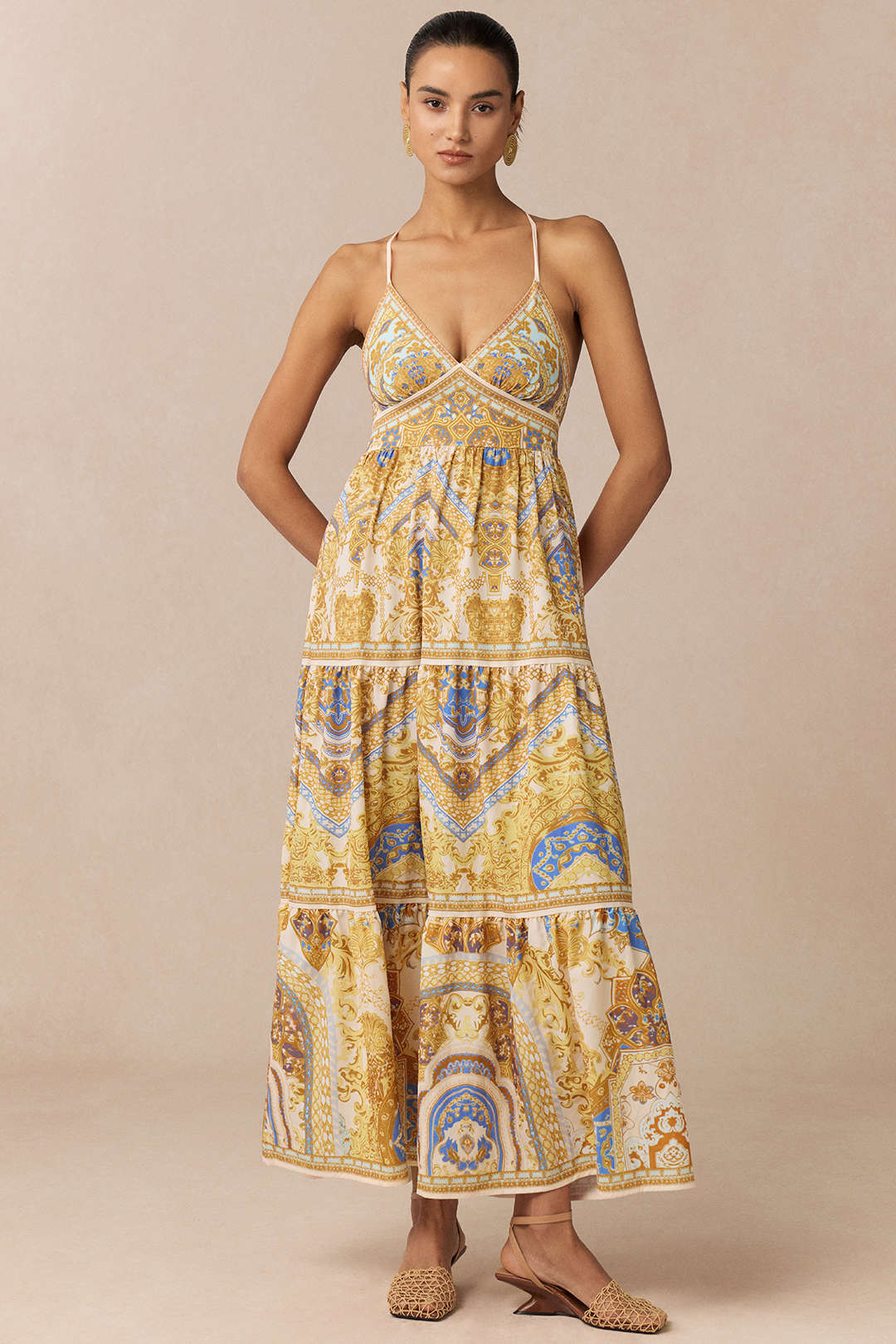 Retro Print V-Neck Tie back Sleeveless Midi Dress
