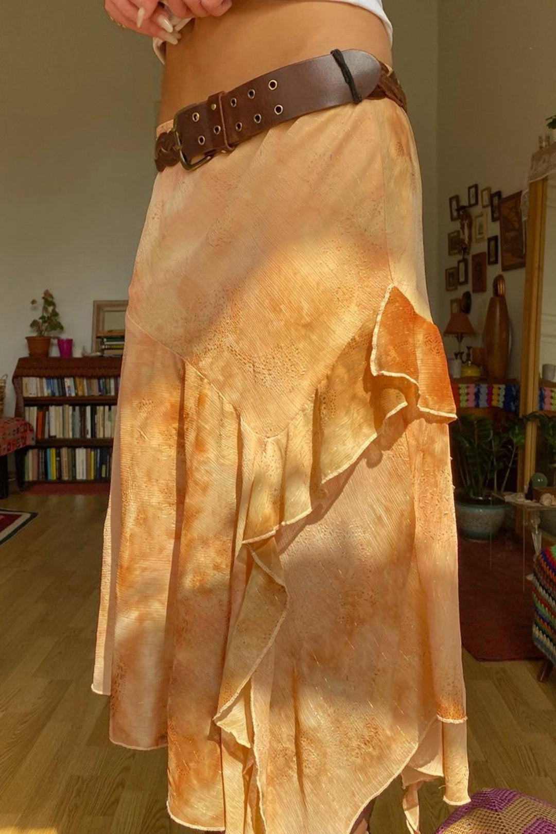 Retro Tie Dye Print Chiffon Asymmetrical Ruffle Ruched Skirt